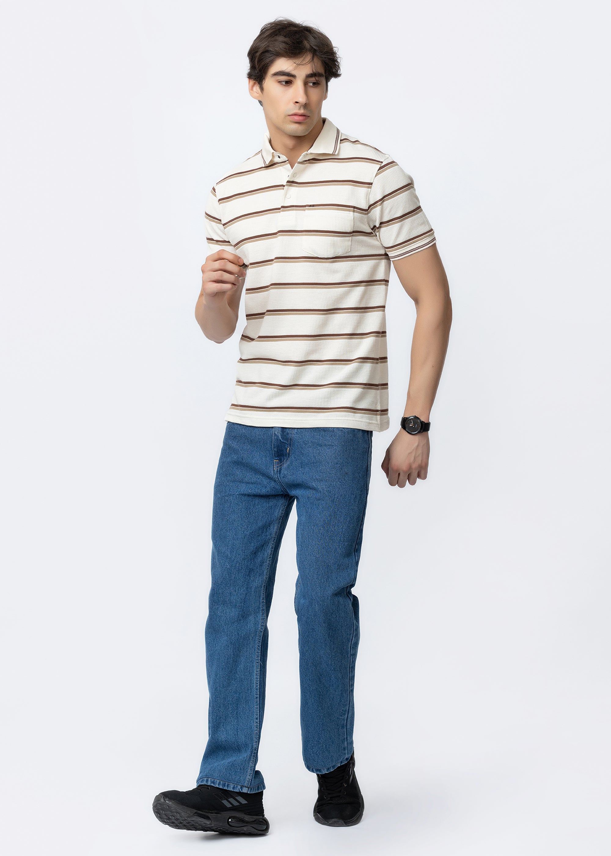 Brown Horizontal Stripe Textured Polo T-Shirt