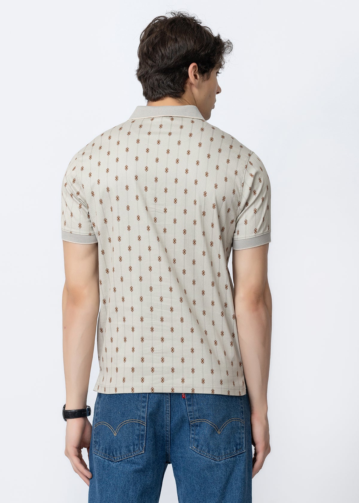 Grey Engineered Motif Textured Polo T-Shirt