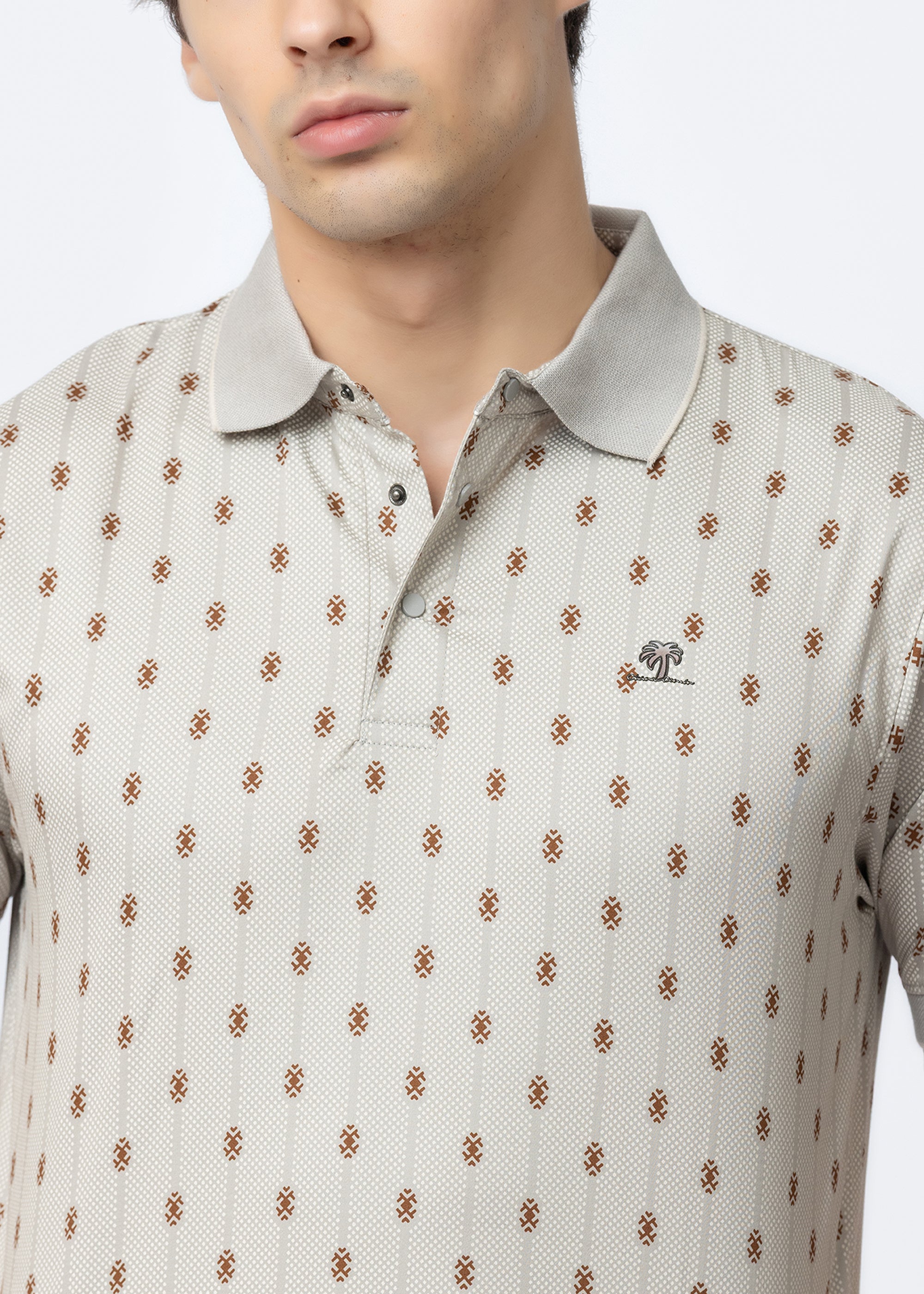 Grey Engineered Motif Textured Polo T-Shirt