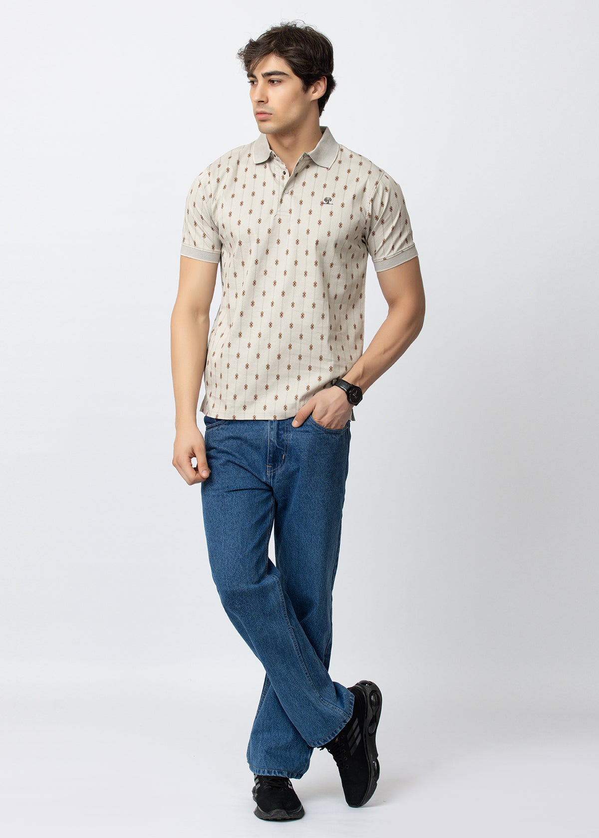 Grey Engineered Motif Textured Polo T-Shirt