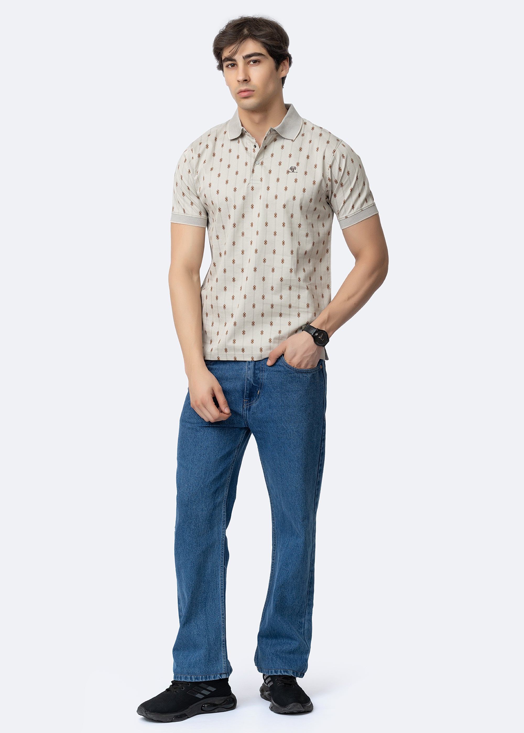 Grey Engineered Motif Textured Polo T-Shirt