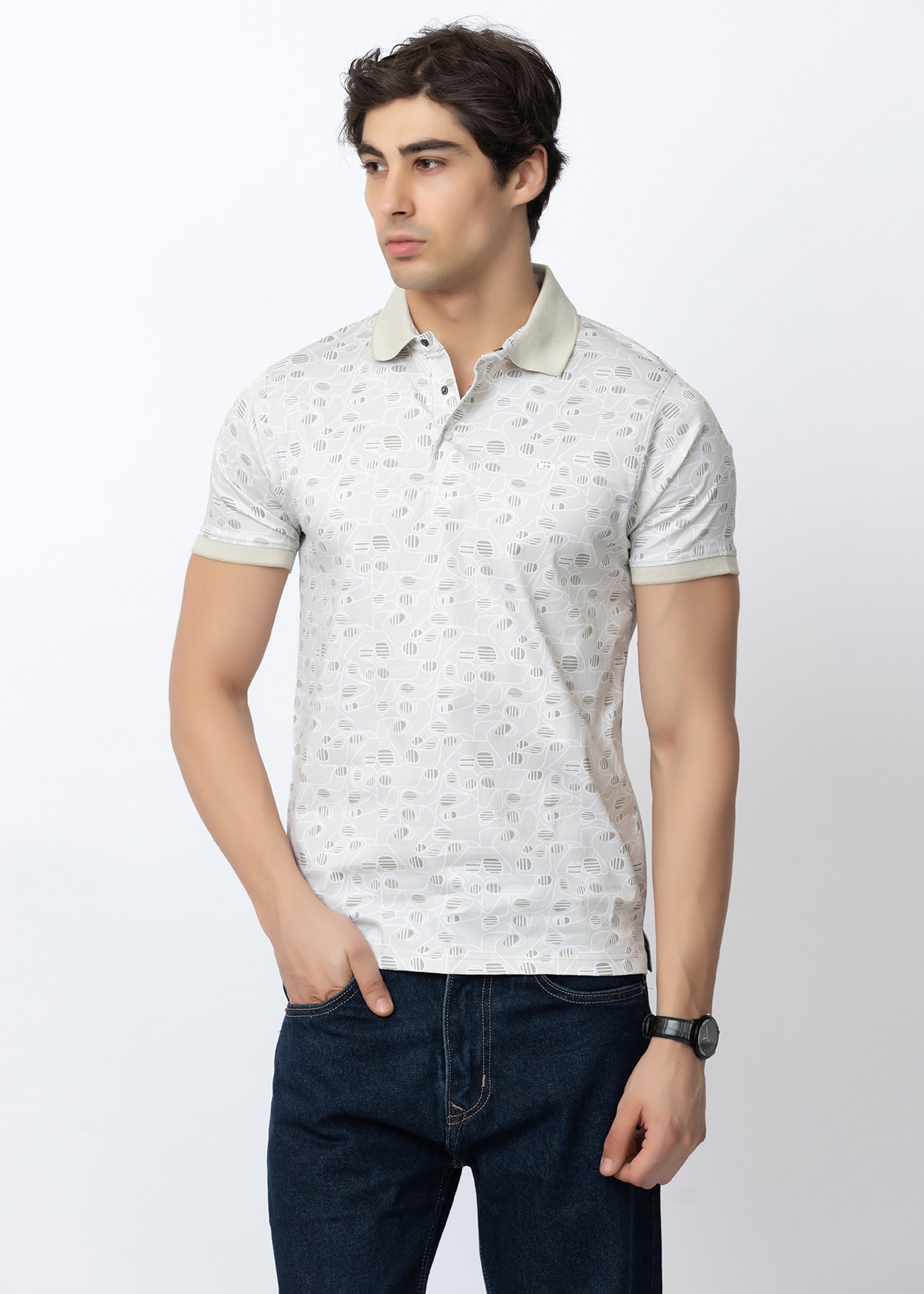 Grey Geometric Printed Polo T-Shirt