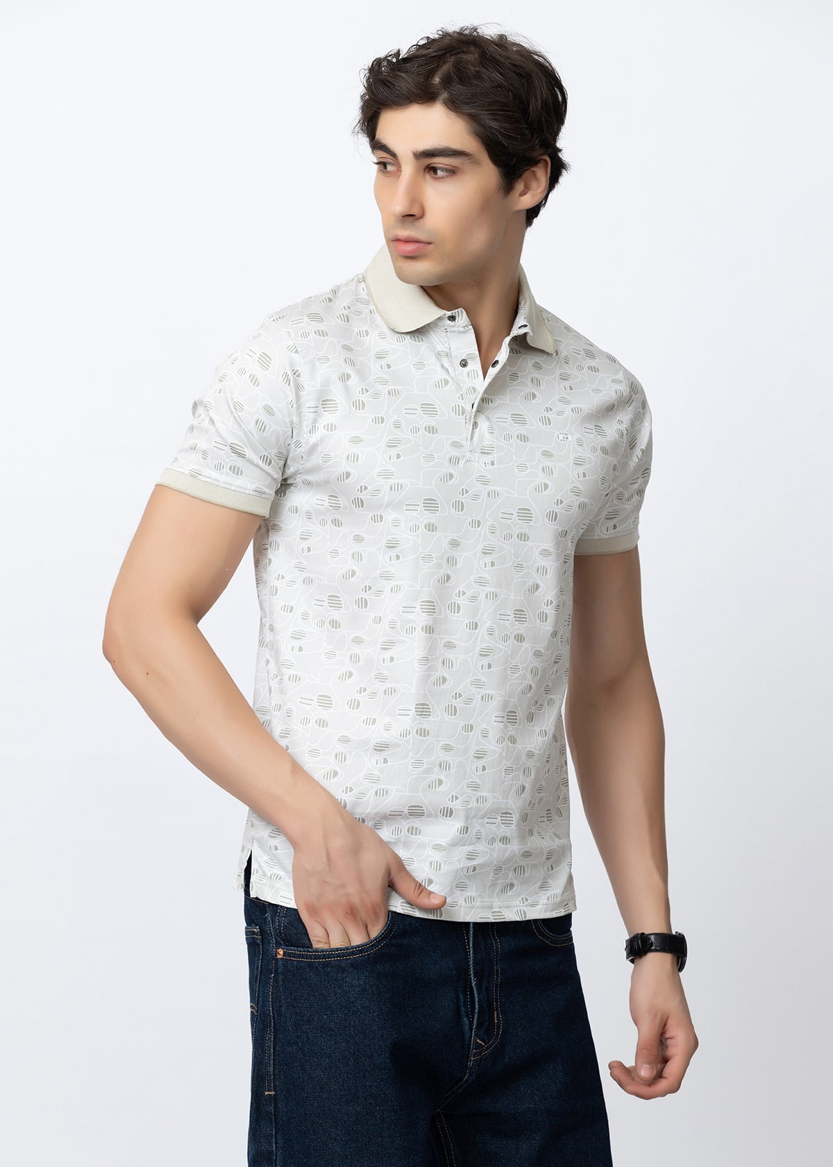 Grey Geometric Printed Polo T-Shirt