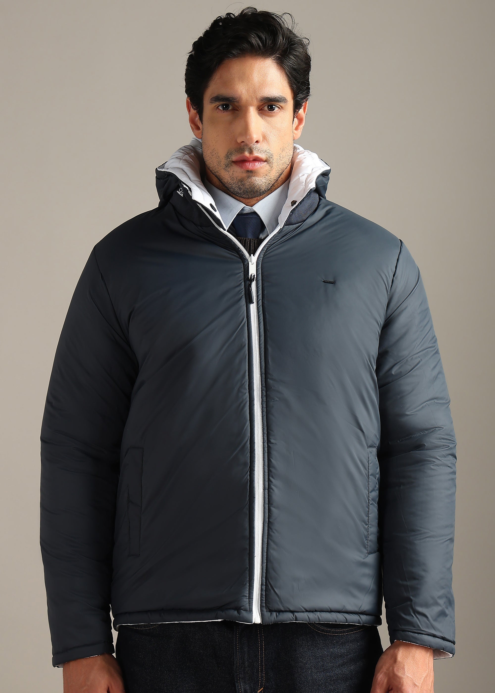 WHITE SOLID NYON FULL SLEEVE REVERSIBLE PUFFER JACKET