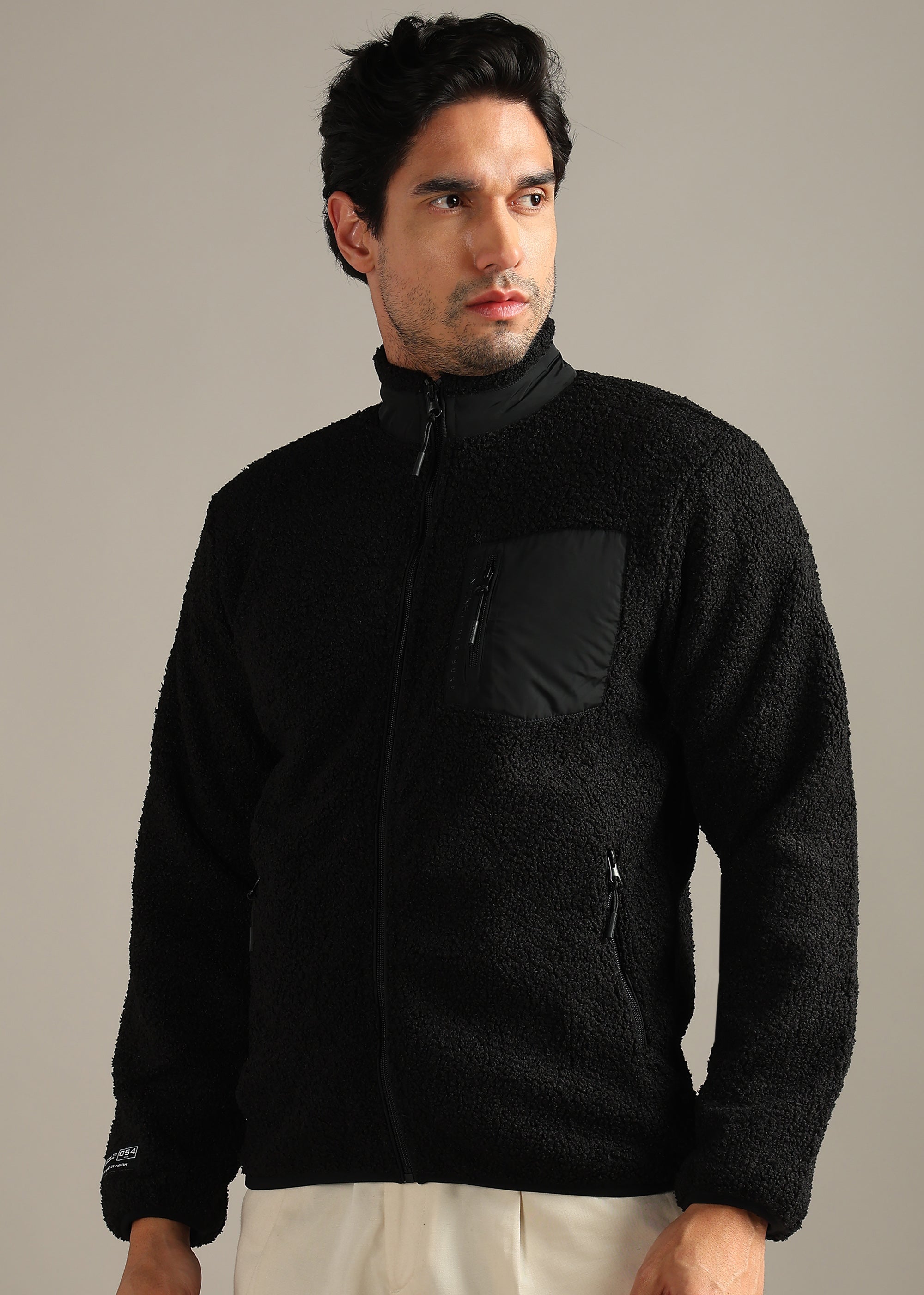 BLACK SOLID FOUX SHEARLING ZIPPER SWEAT SHIRT