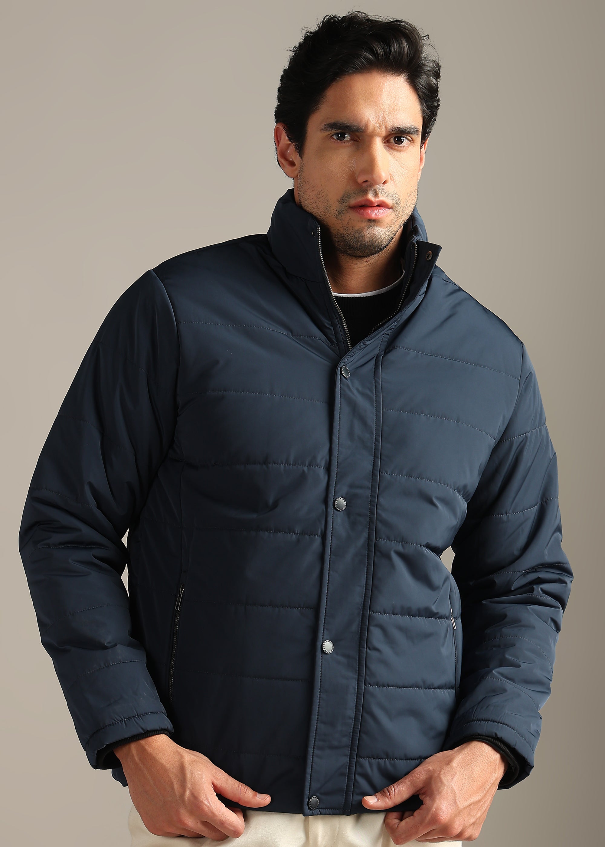 NAVY FUR PADDED HOODIE FULL SLEEVE JACKET