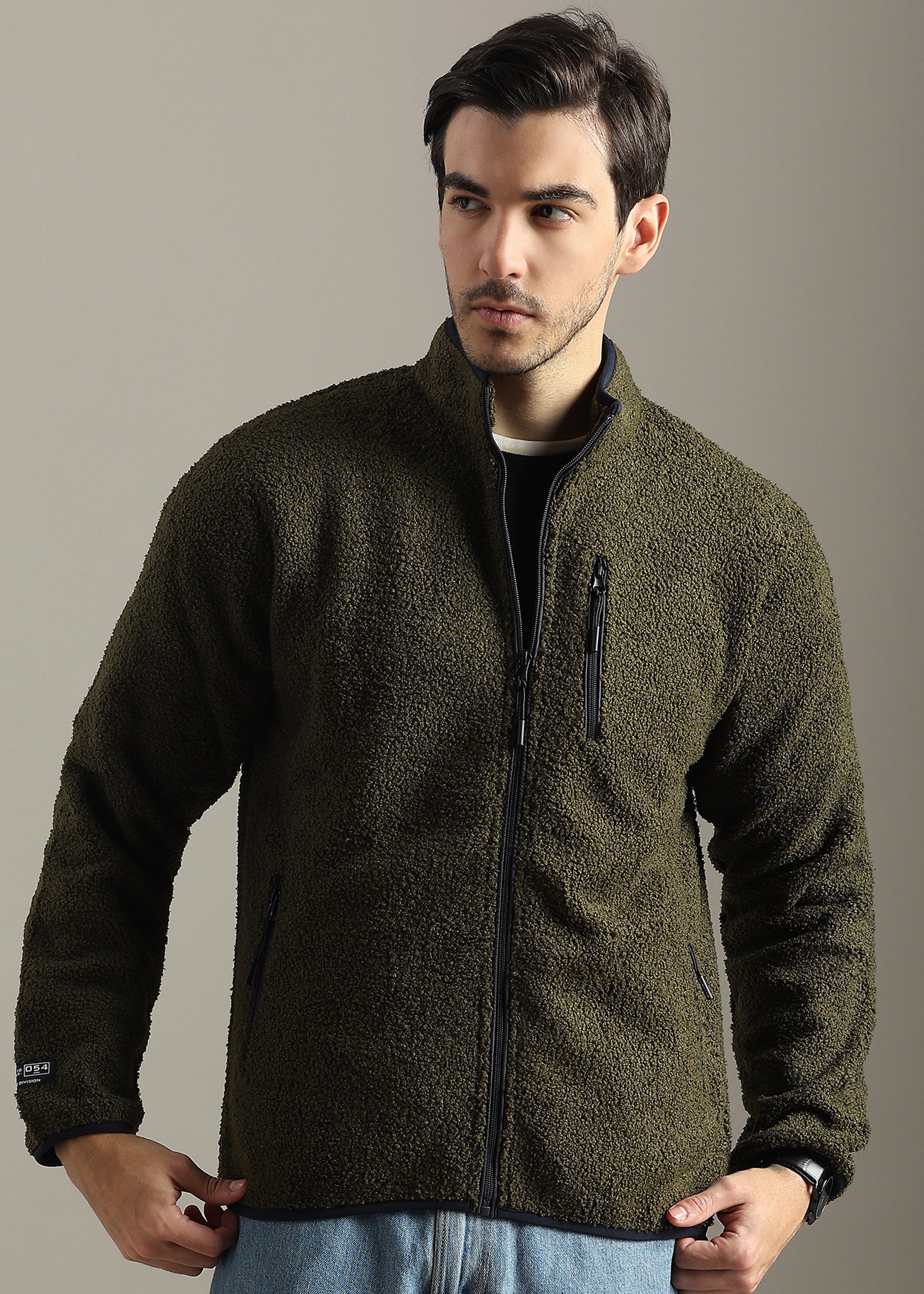 OLIVE SOLID FAUX FUR SHEARLING ZIPPER