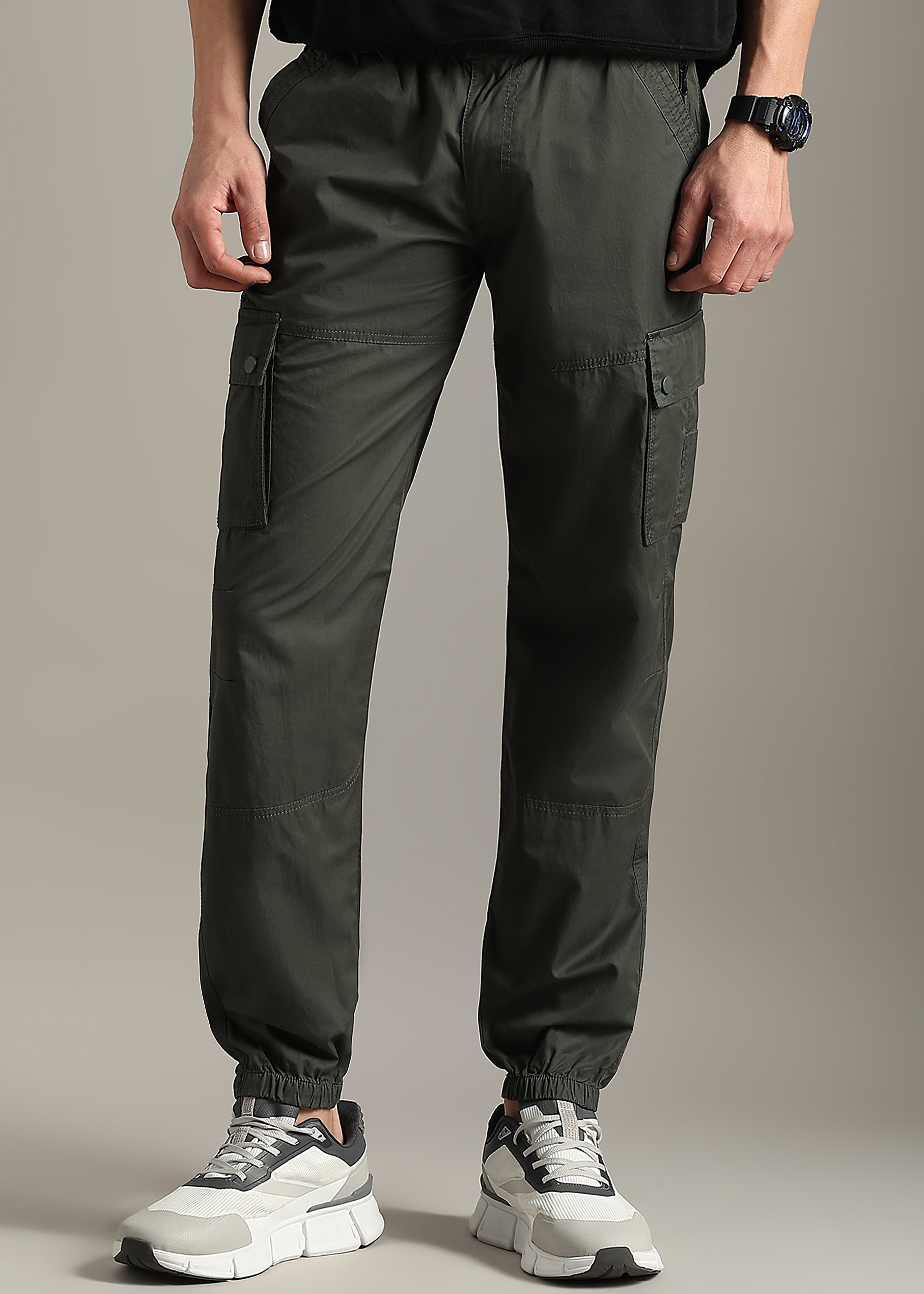 OLIVE SOLID COTTON UTILITY JOGGER PANT