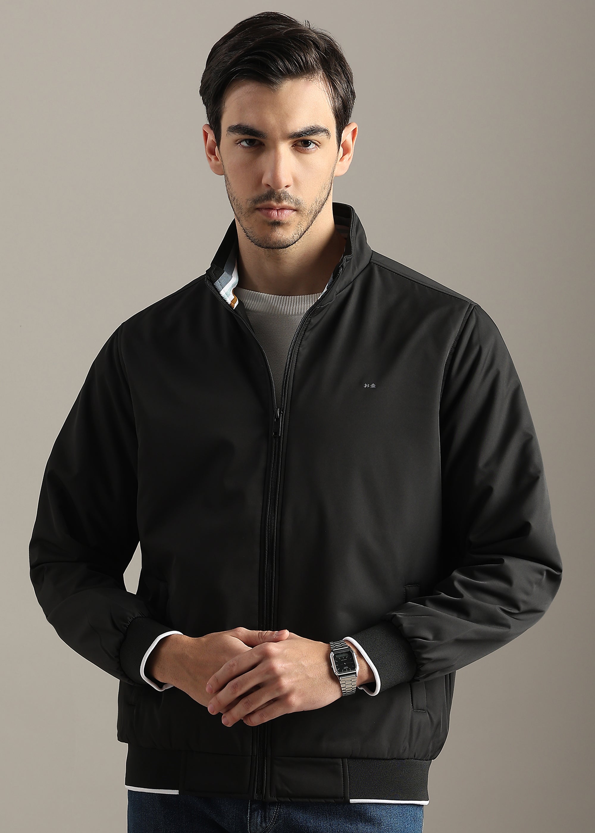 BLACK SOLID PREMIUM HARRINGTON NYLON FULL SLEEVE JACKET