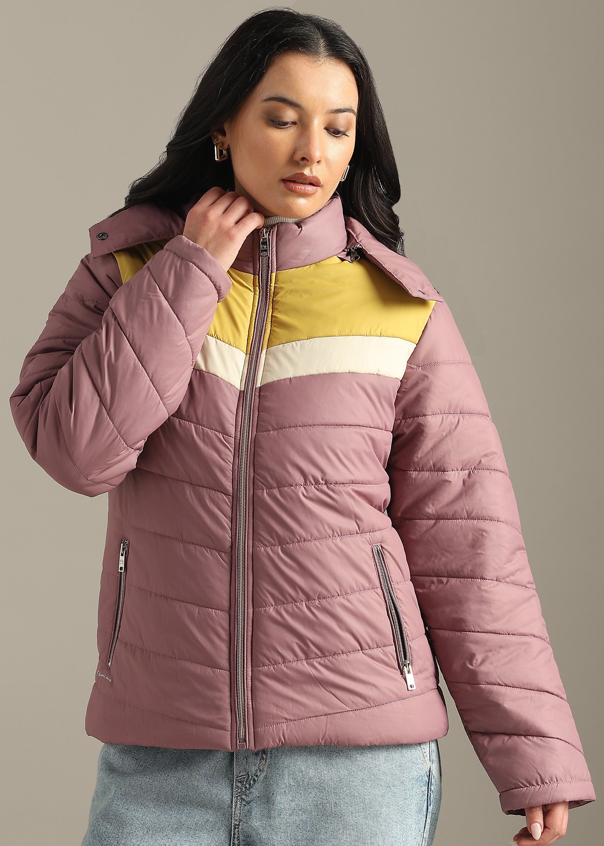 PINK NYLON COLOUR-BLOCK PUFFER FULL SLEEVE JACKET