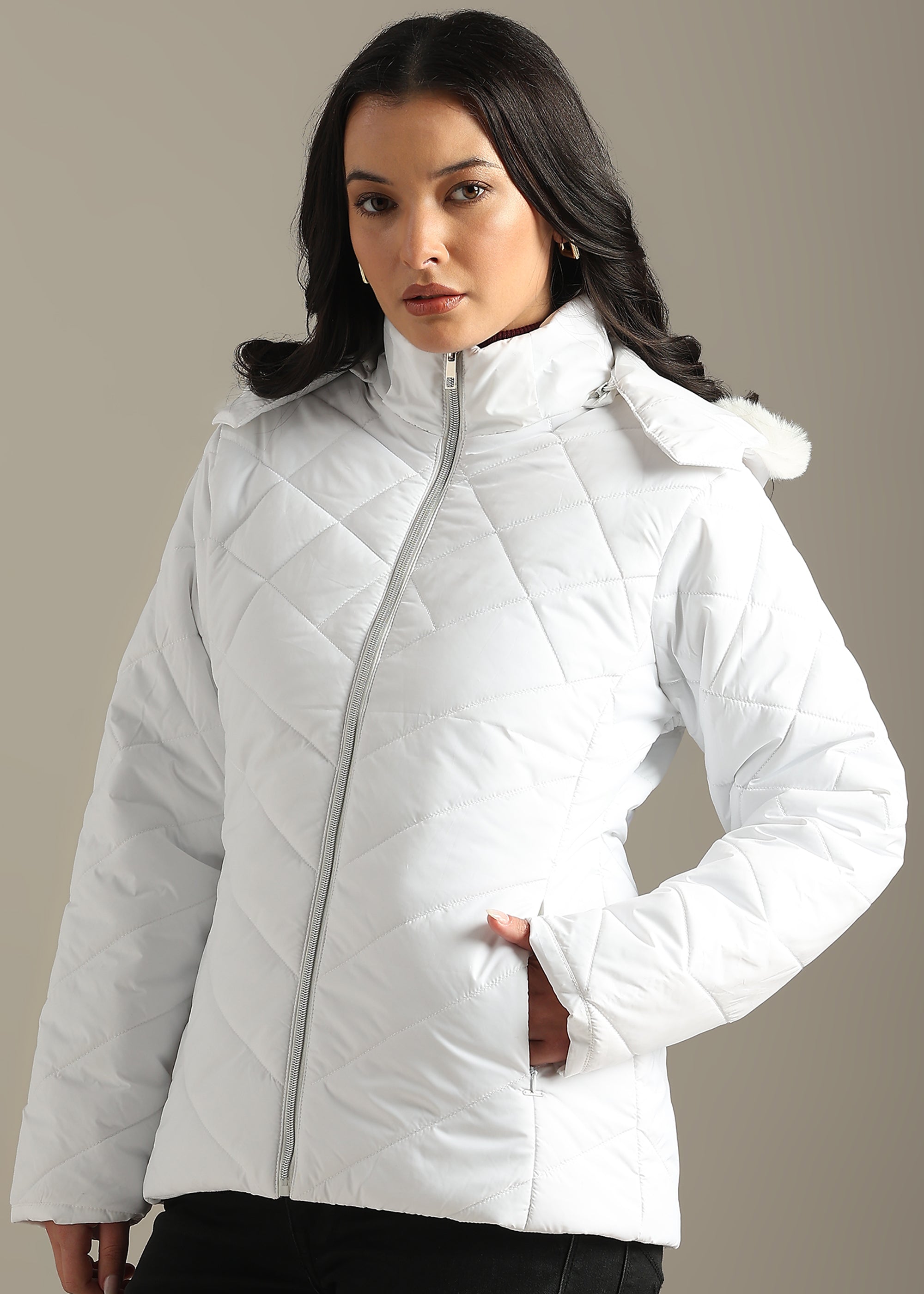 WHITE ENGINEERED QUILTED FULL SLEEVE JACKET