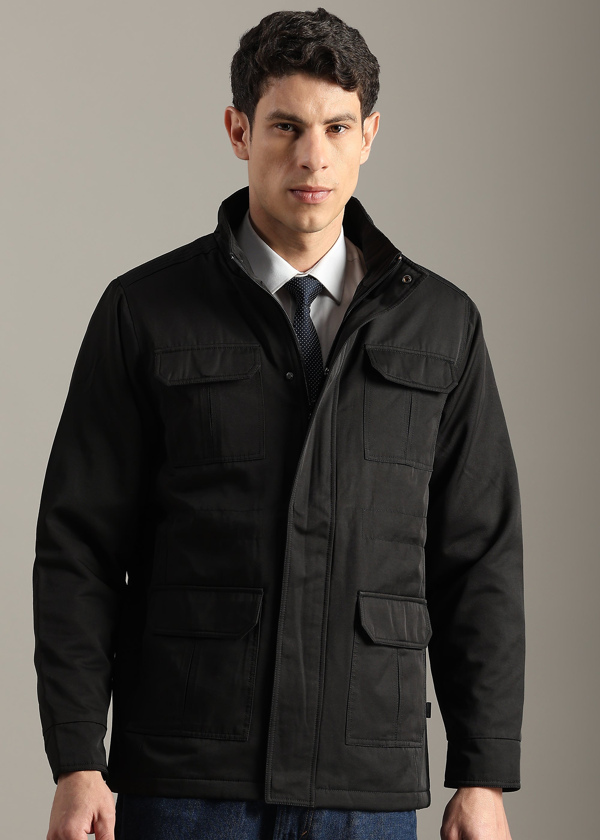 BLACK SOLID FUR COTTON CARGO FULL SLEEVE JACKET