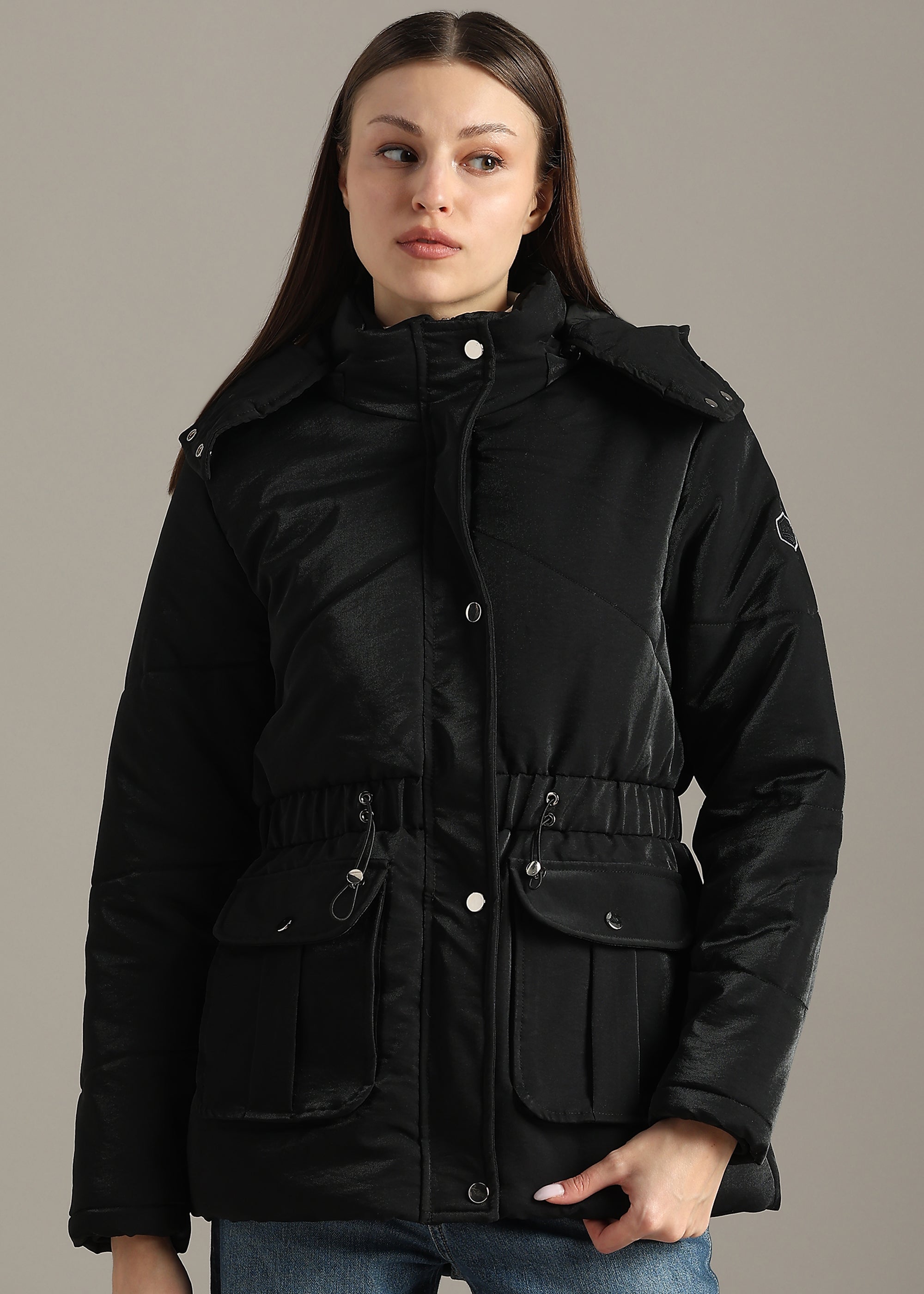 BLACK SOLID PREMIUM SATIN CROPPED FULL SLEEVE JACKET