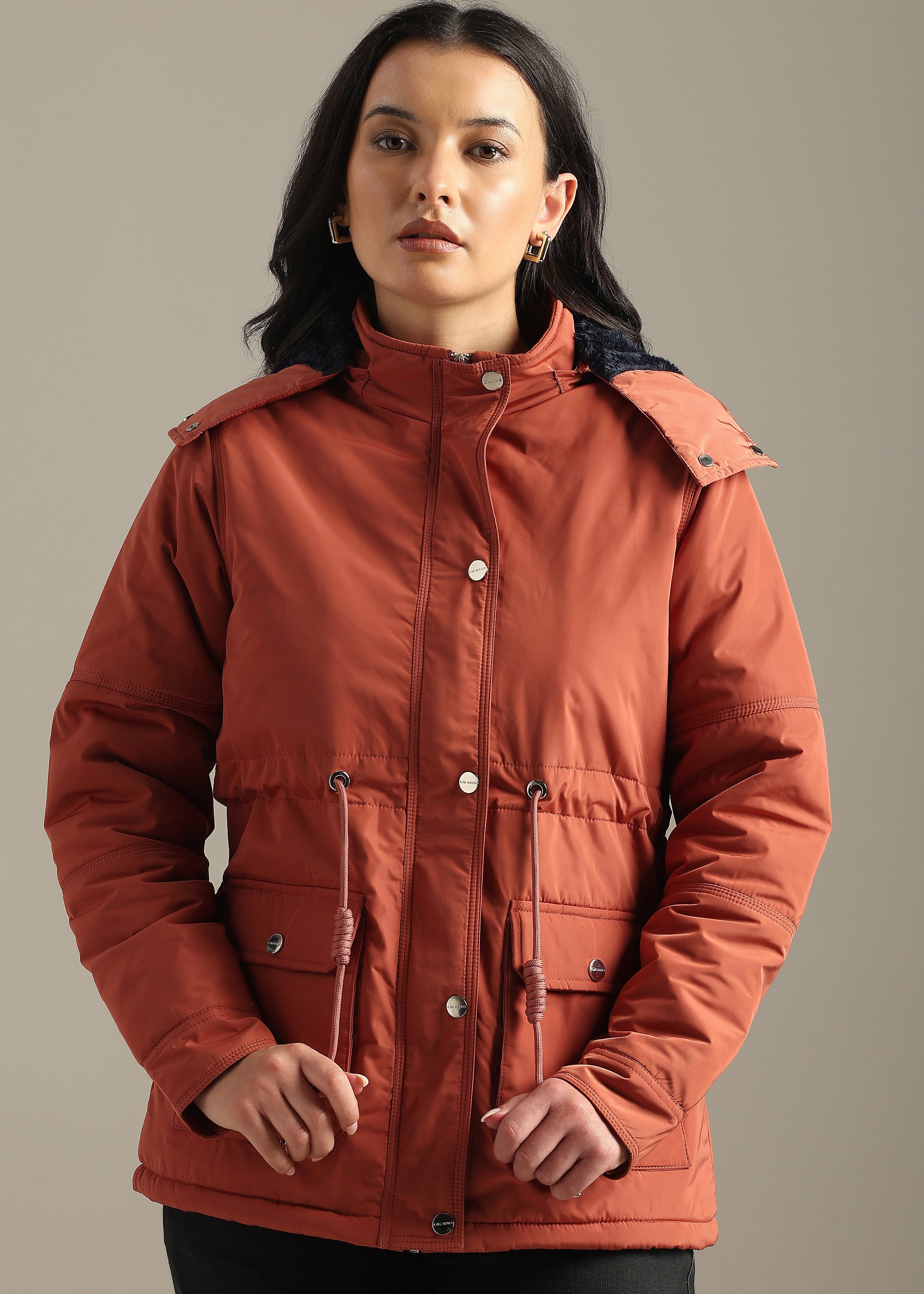 PEACH SOLID FUR PADDED PARKA FULL SLEEVE JACKET