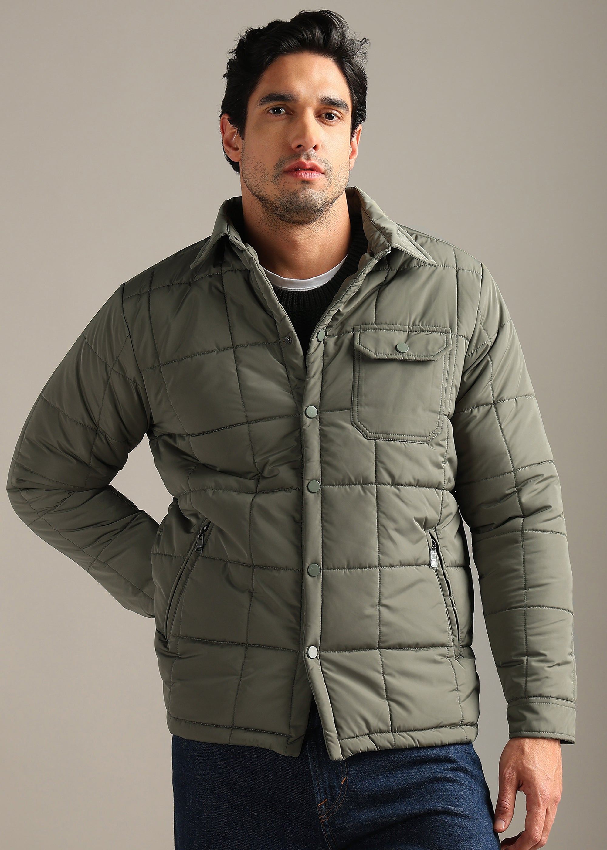 OLIVE BLOUSON QUILTED FULL SLEEVE JACKET