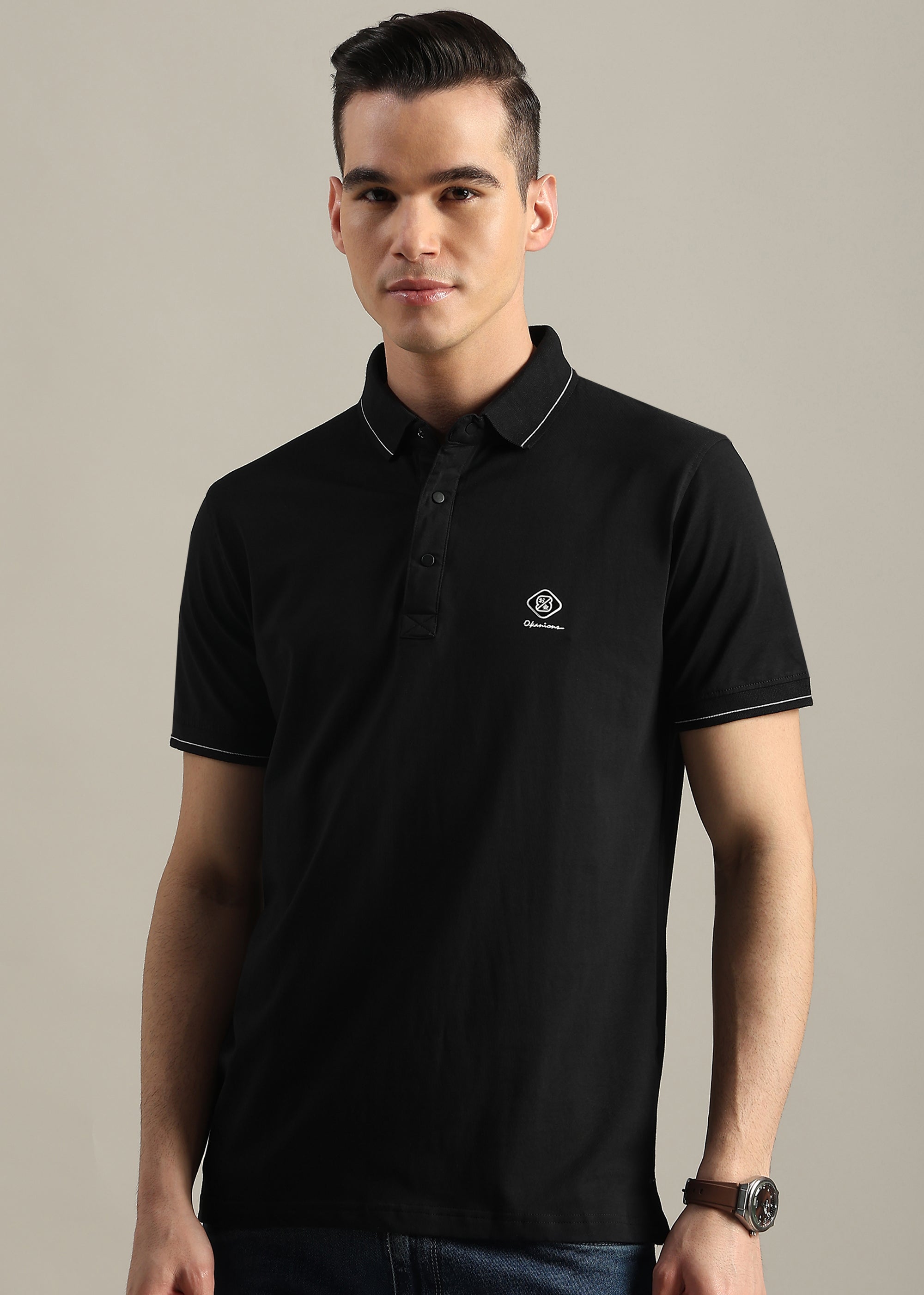 BLACK SOLID COTTON ELASTANE POLO TEE