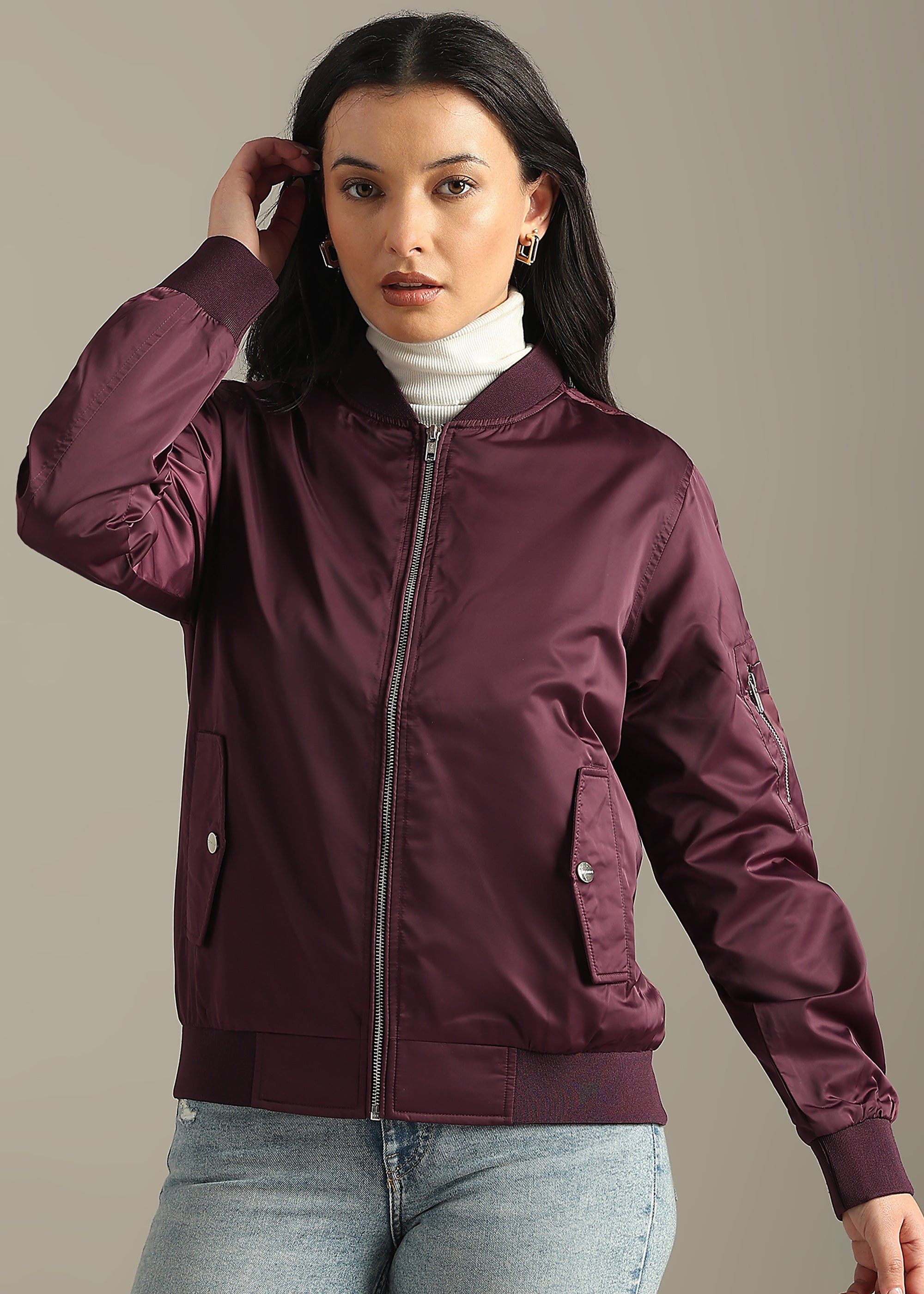 WINE SATIN BOMBER FULL SLEEVE JACKET