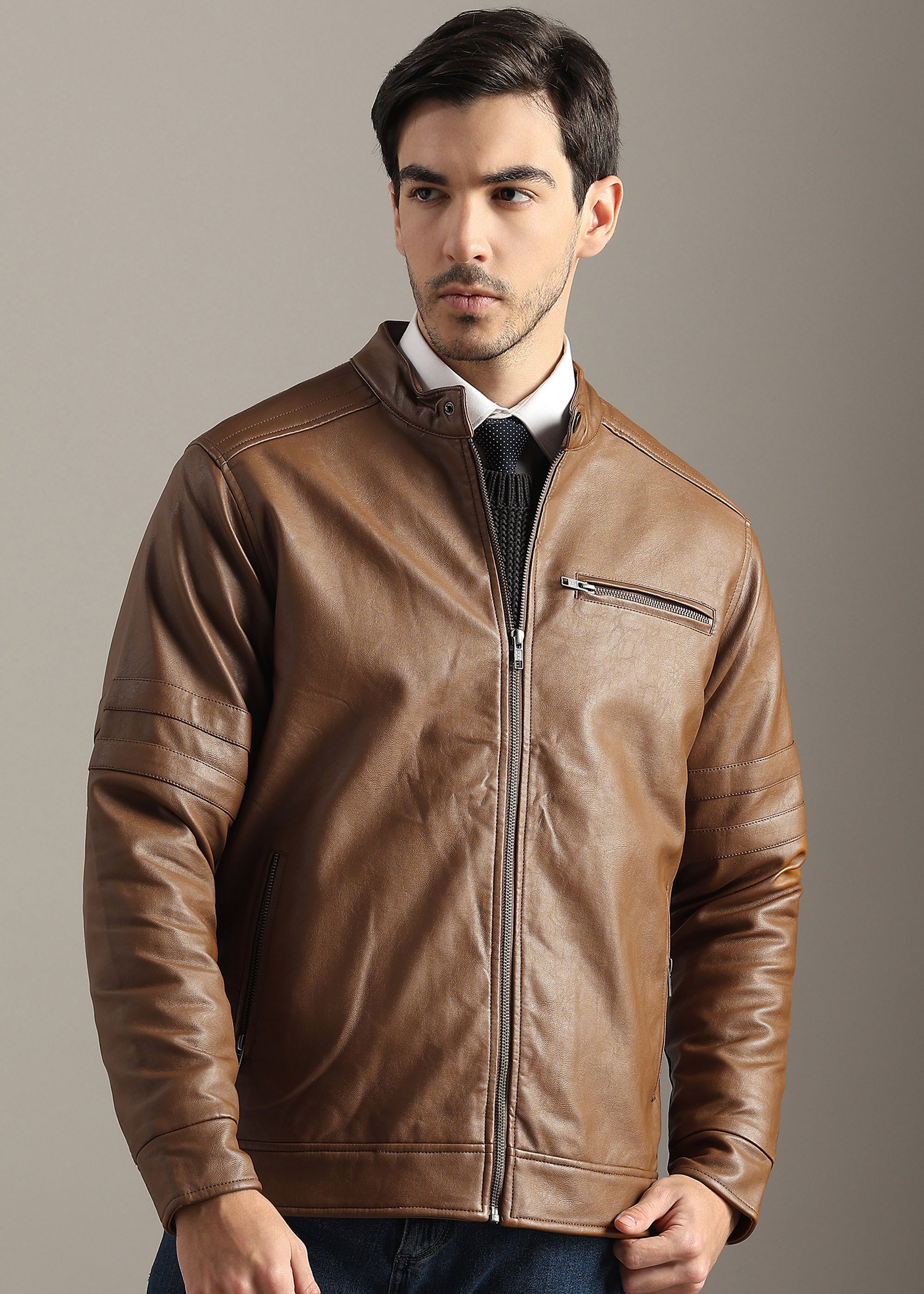 TAN FAUX LEATHER TRIM MANDARIN COLLAR  FULL SLEEVE TAILORED JACKET