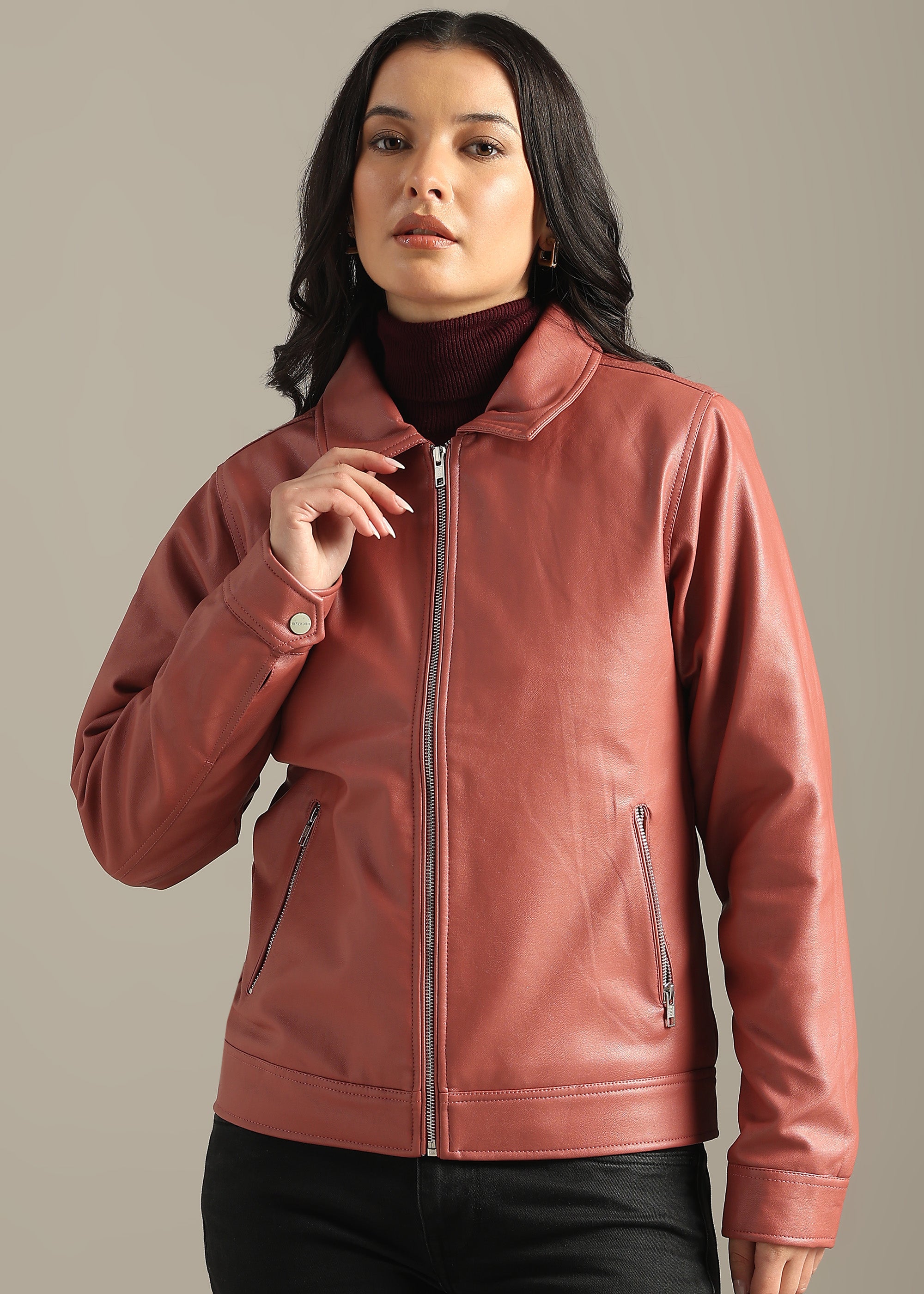 PINK SOLID PU LEATHER FULL SLEEVE JACKET