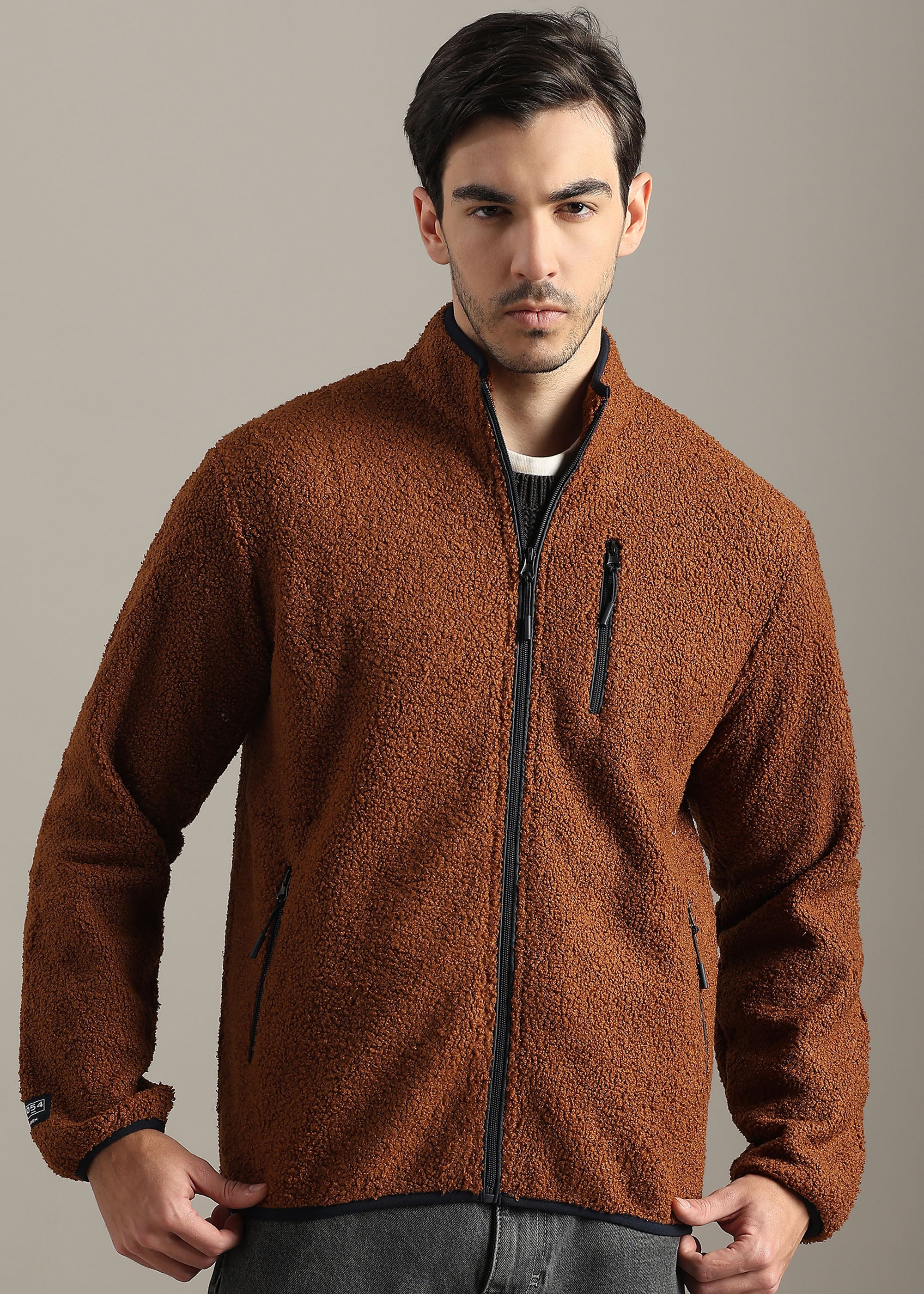 TAN SOLID FAUX FUR SHEARLING ZIPPER