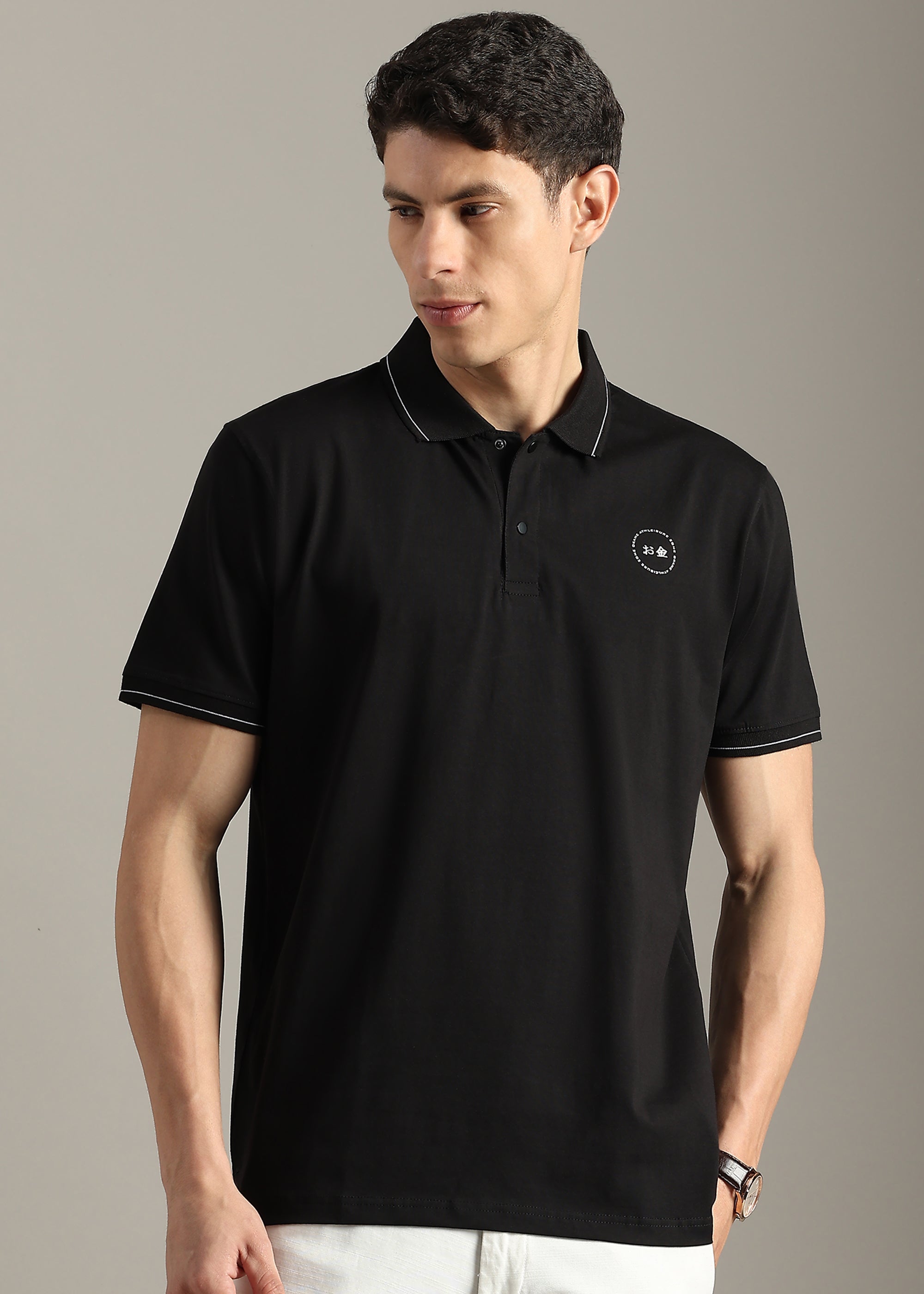 BLACK SOLID COTTON ELASTANE POLO TEE