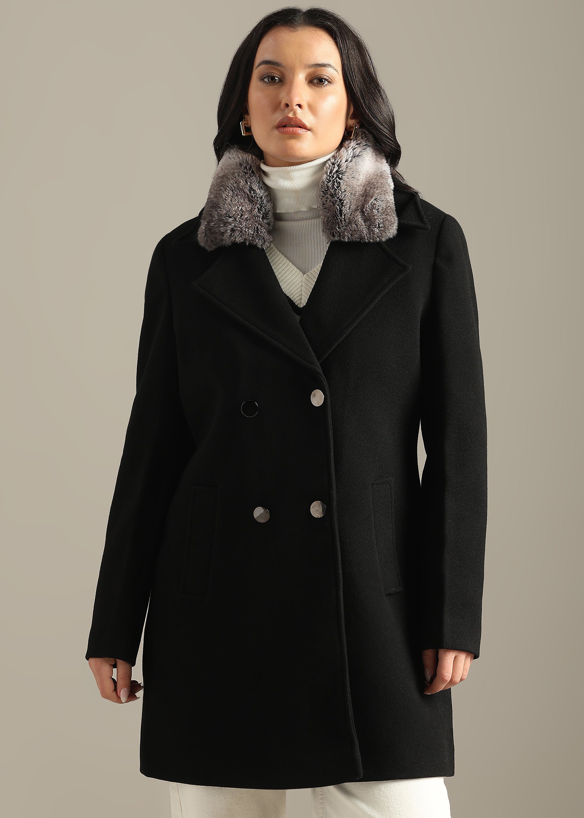 BLACK SOLID TWEED DETACHABLE FUR COLLAR OVERCOAT
