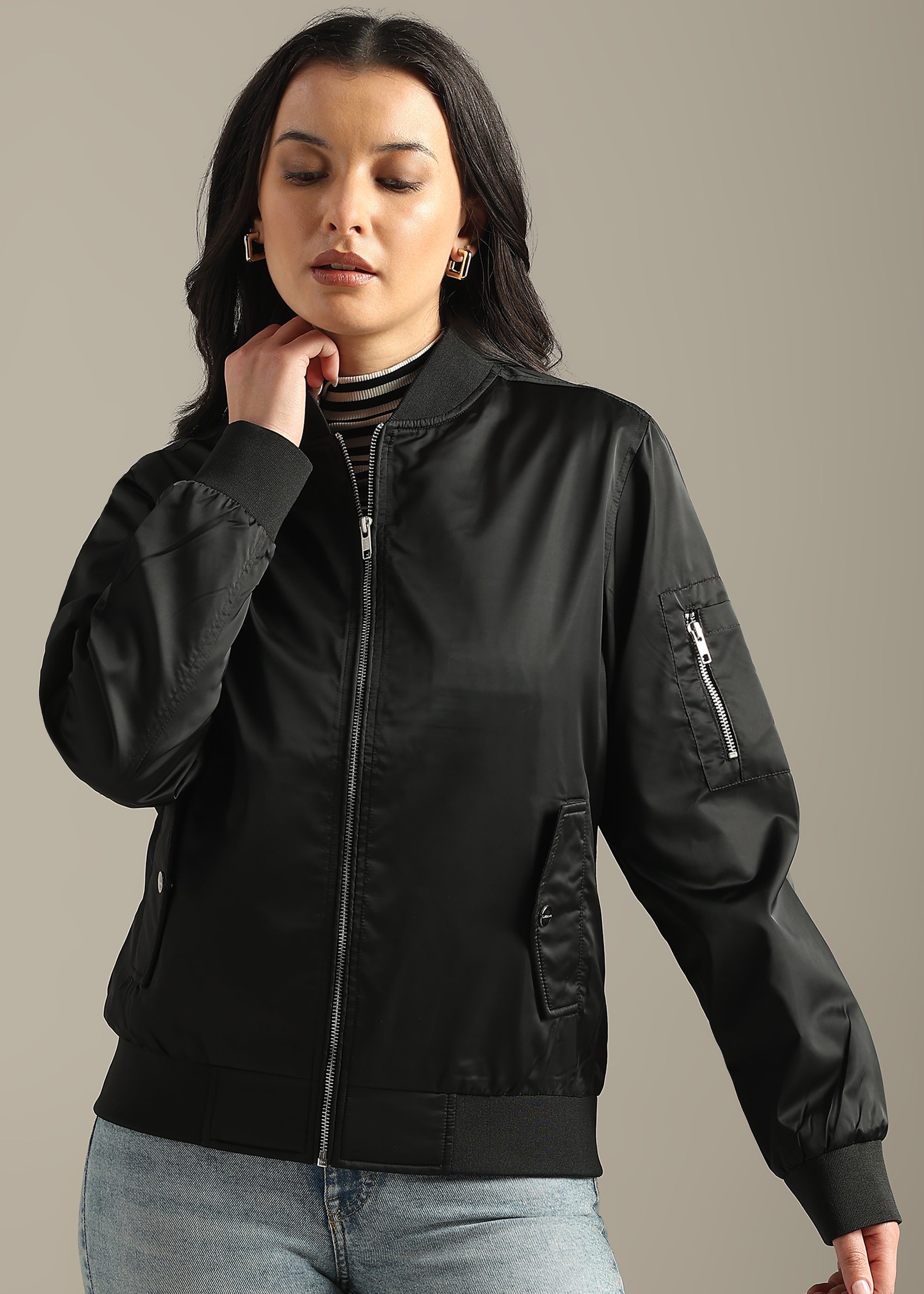 BLACK SATIN BOMBER FULL SLEEVE JACKET