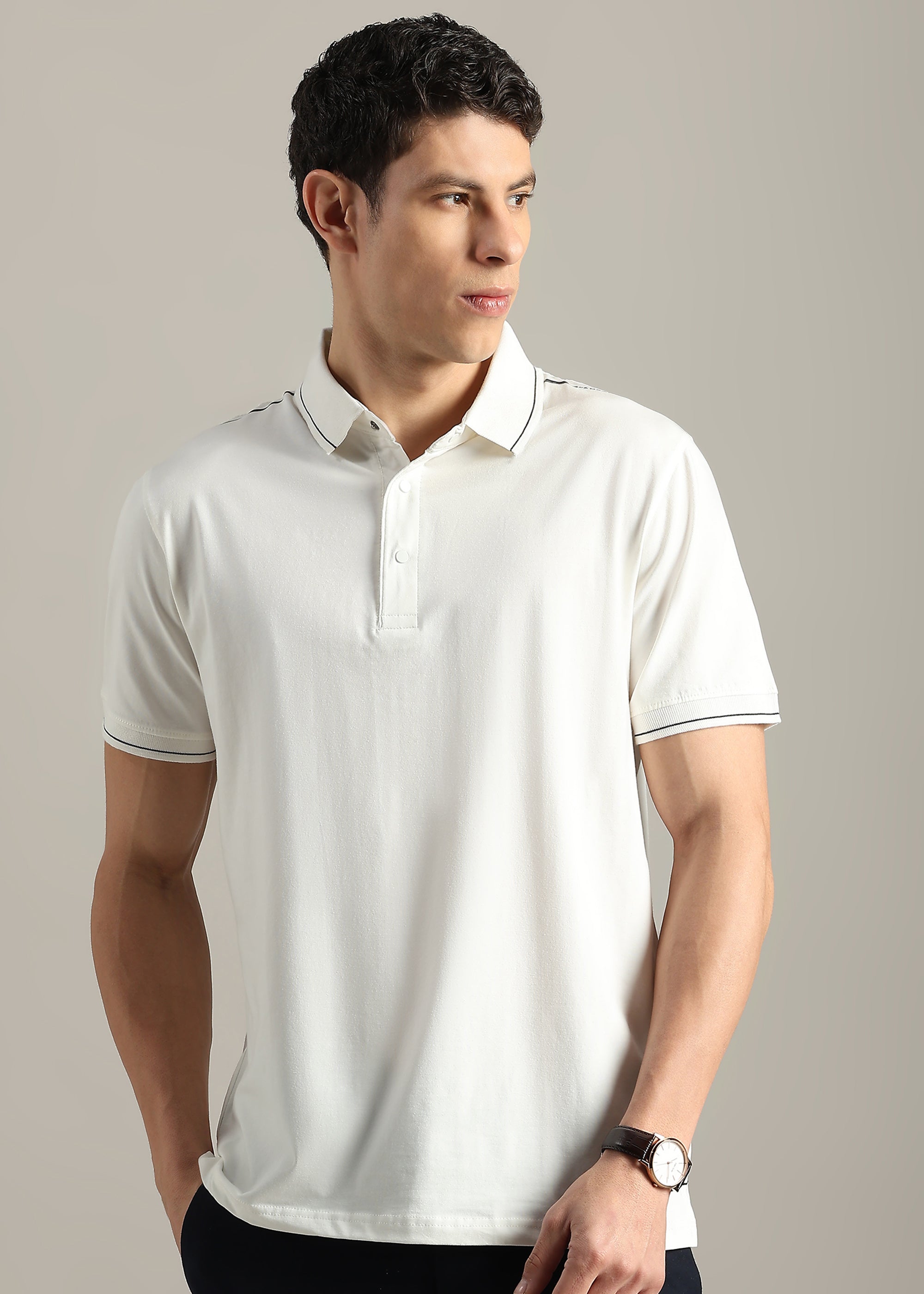 WHITE SOLID COTTON ELASTANE POLO TEE