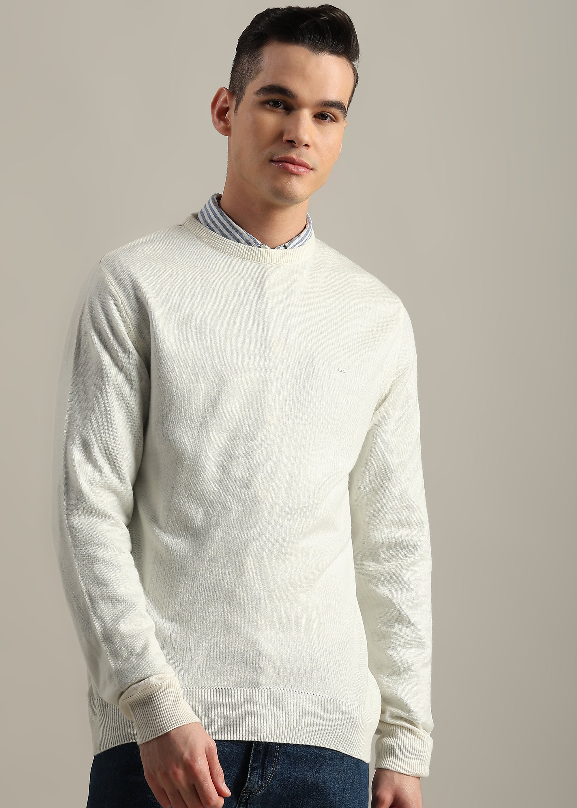 OFF WHITE SOLID ACRYLIC ROUND NECK SWEATER