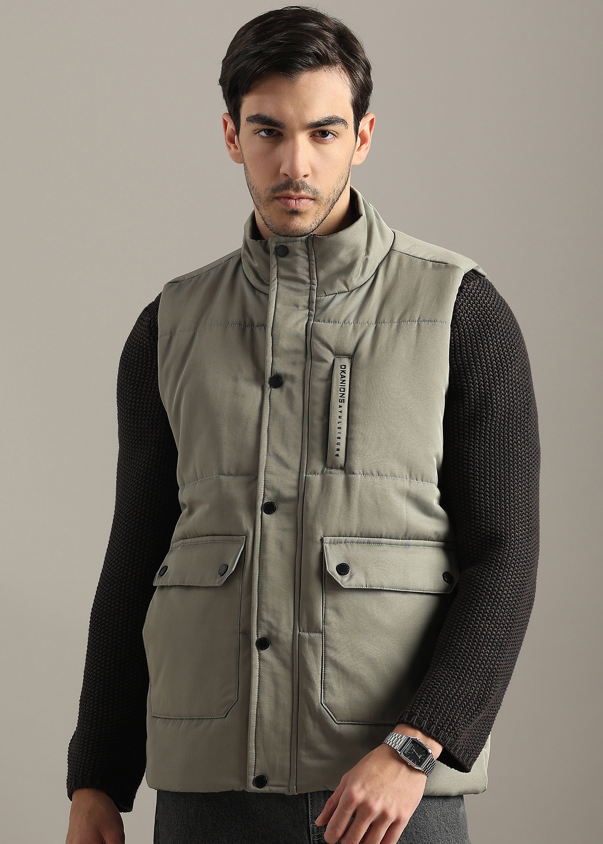 OLIVE SOLID FAUX COTTON CARGO GILET