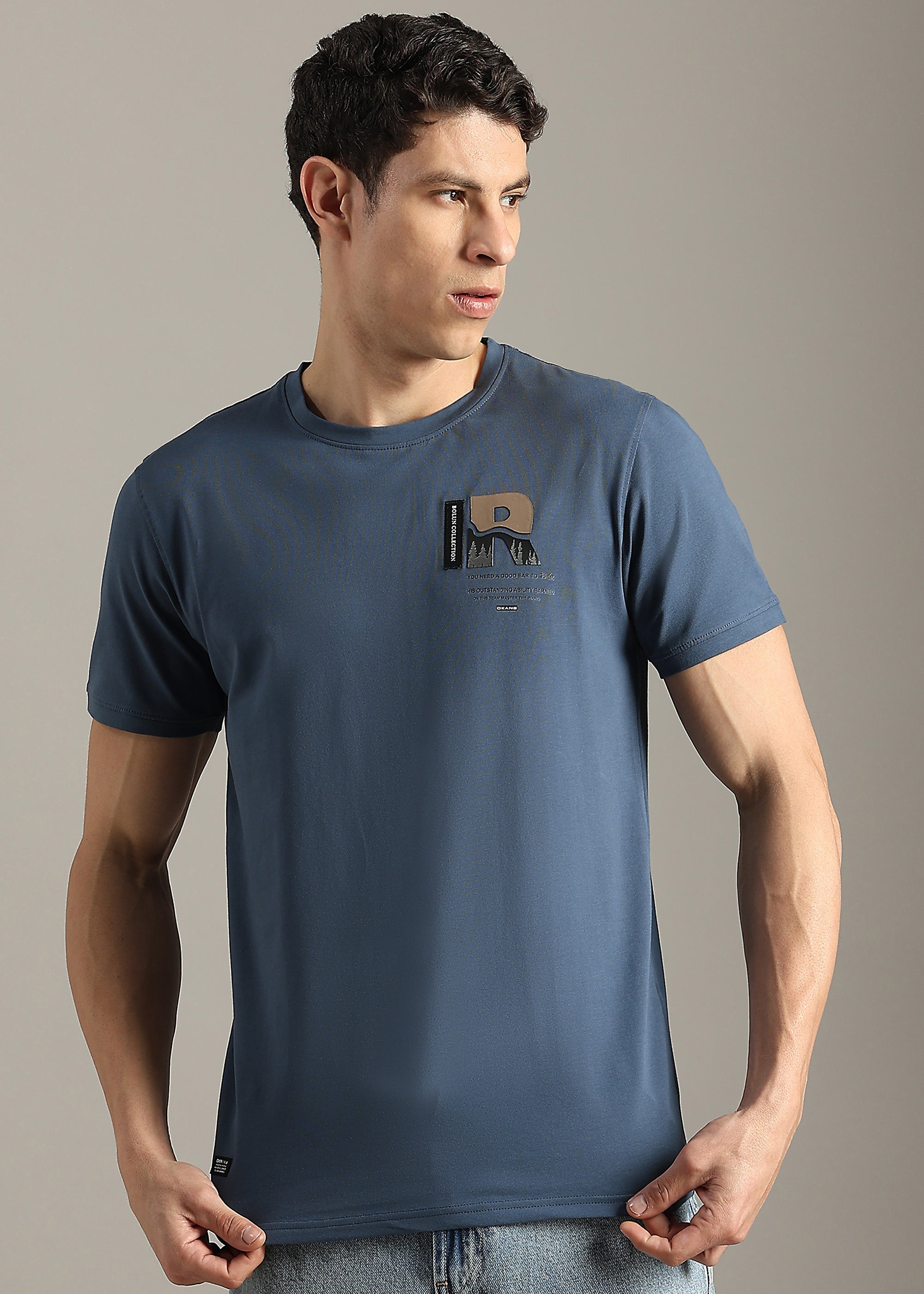 BLUE COTTON ELASTANE GRAPHIC T-SHIRT
