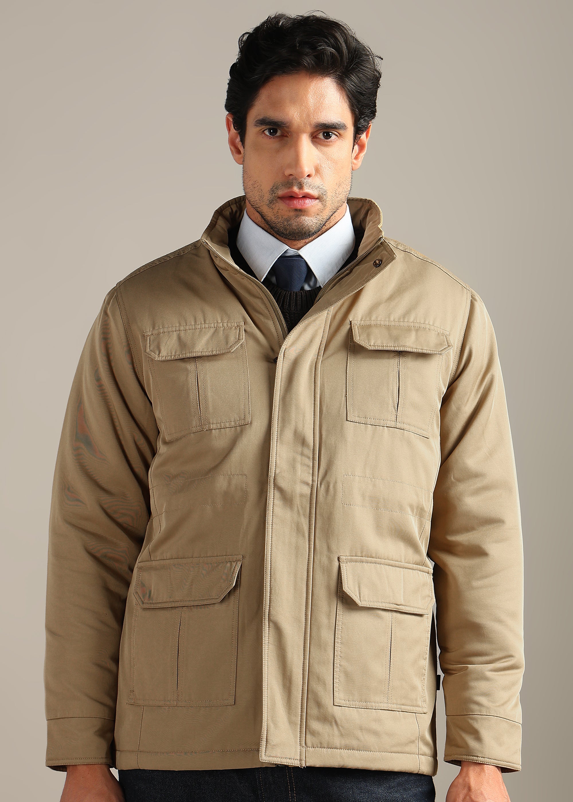 BEIGE SOLID FUR COTTON CARGO FULL SLEEVE JACKET