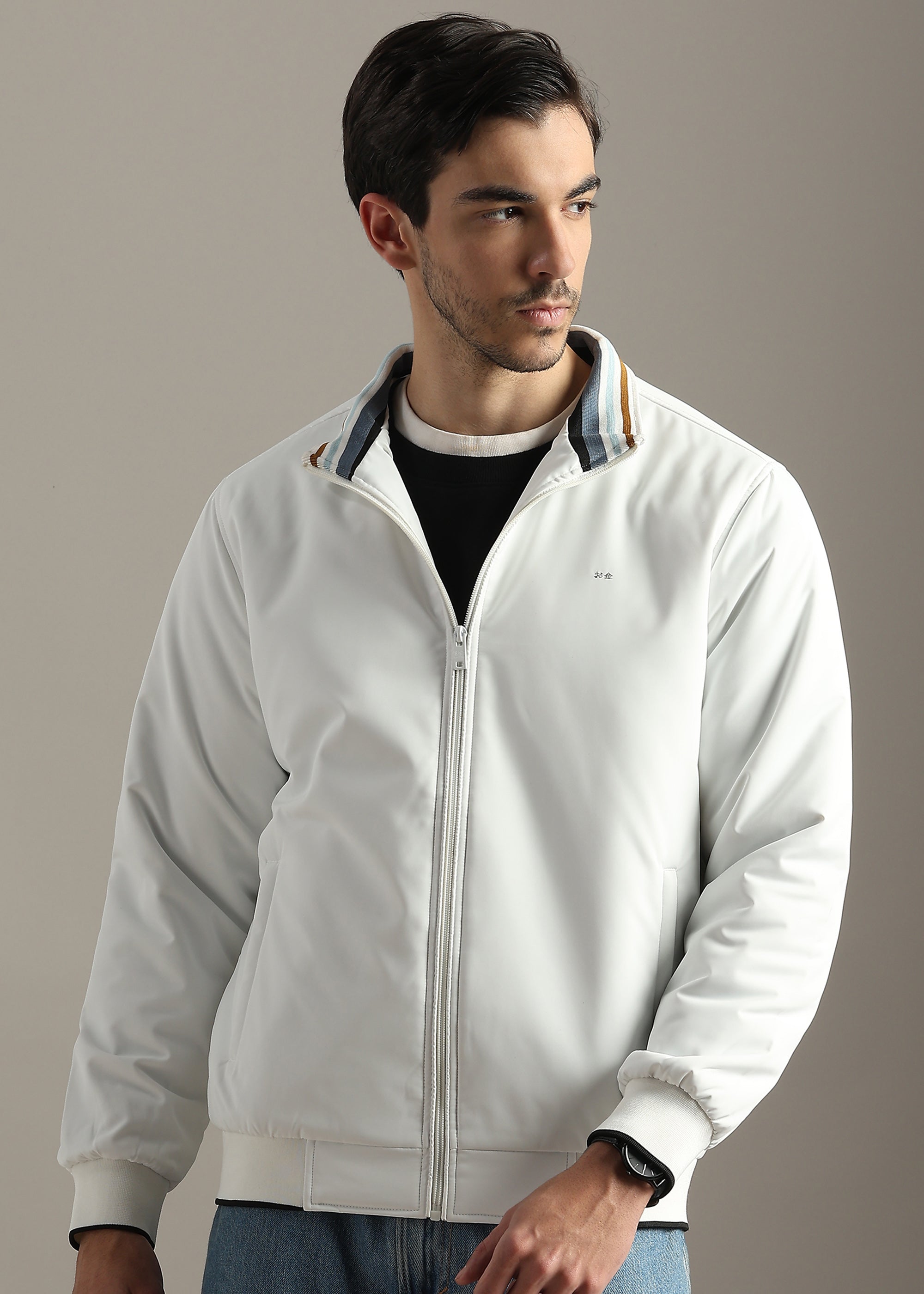 WHITE PREMIUM HARRINGTON NYLON FULL SLEEVE JACKET