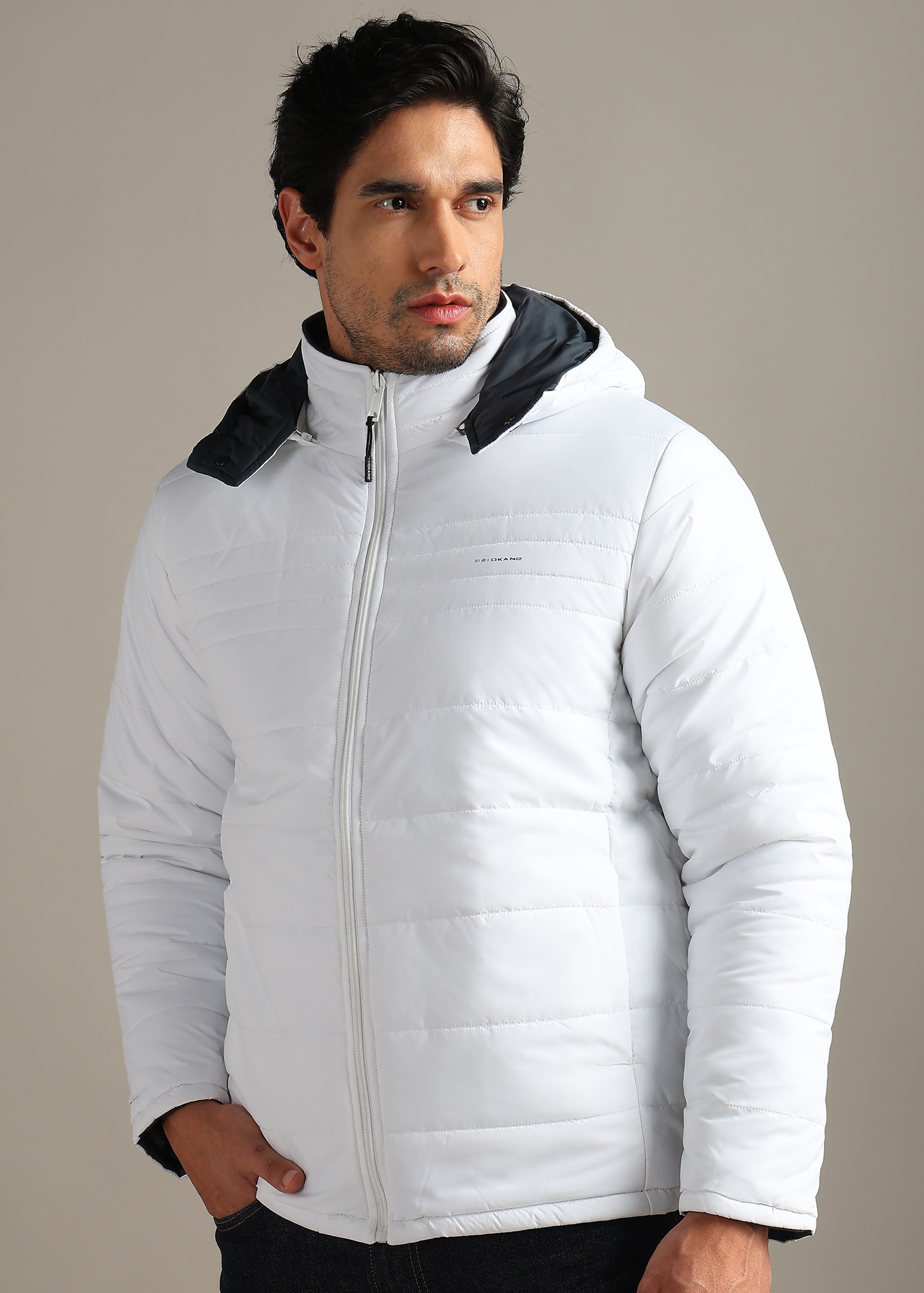 WHITE SOLID NYON FULL SLEEVE REVERSIBLE PUFFER JACKET