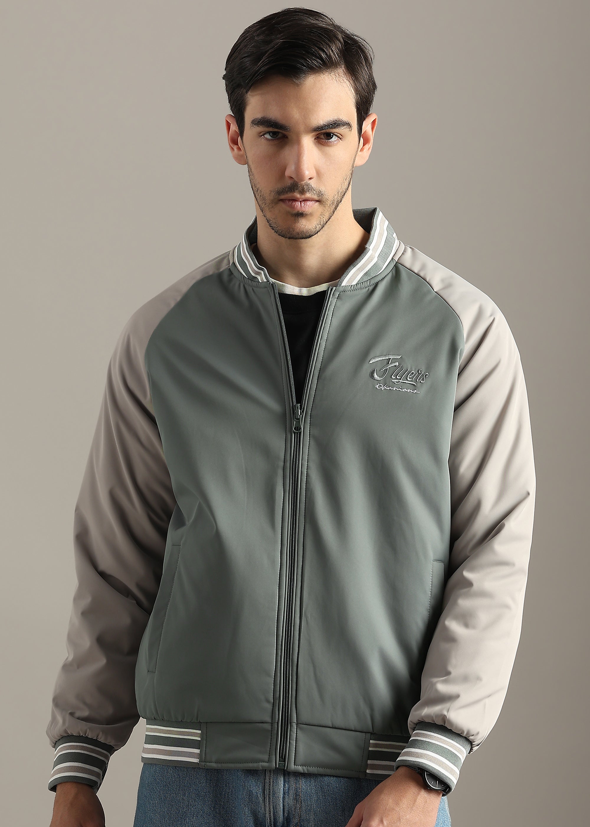 OLIVE COLOUR BLOCK REVERSIBLE FULL SLEEVE JACKET