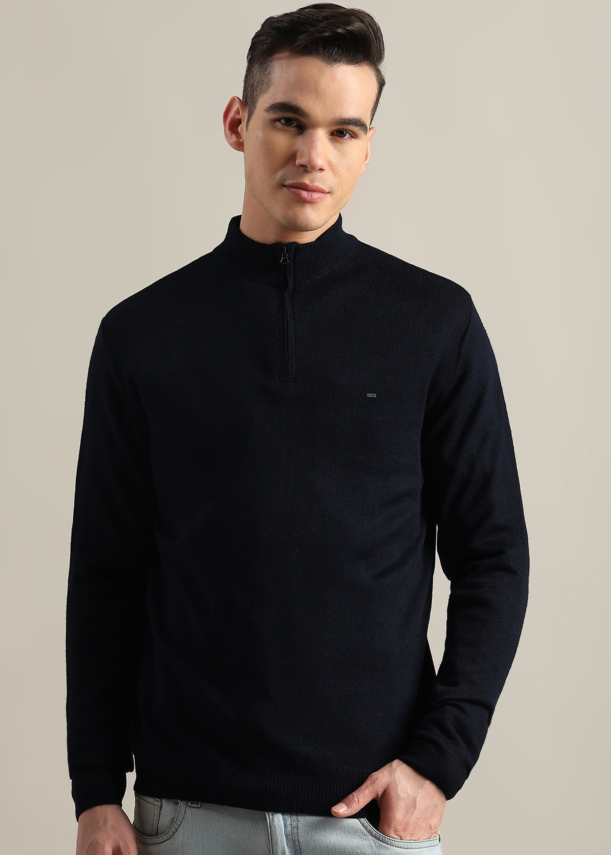 NAVY SOLID ACRYLIC TURTLE NECK SWEATER