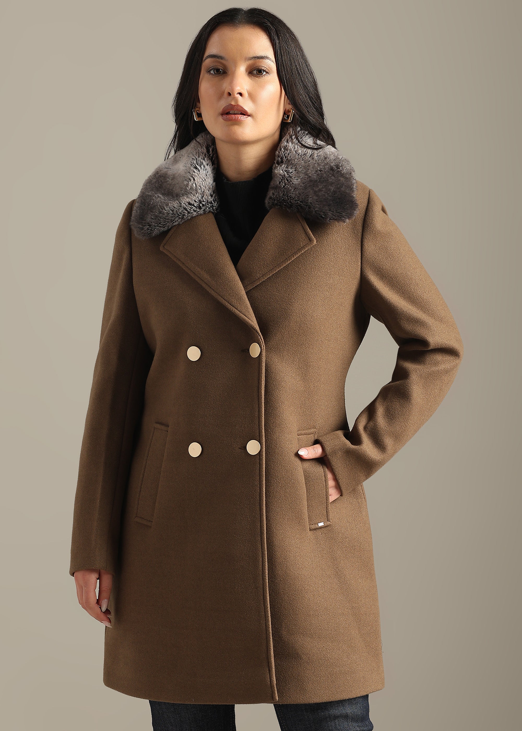 COFFEE SOLID TWEED DETACHABLE FUR COLLAR OVERCOAT