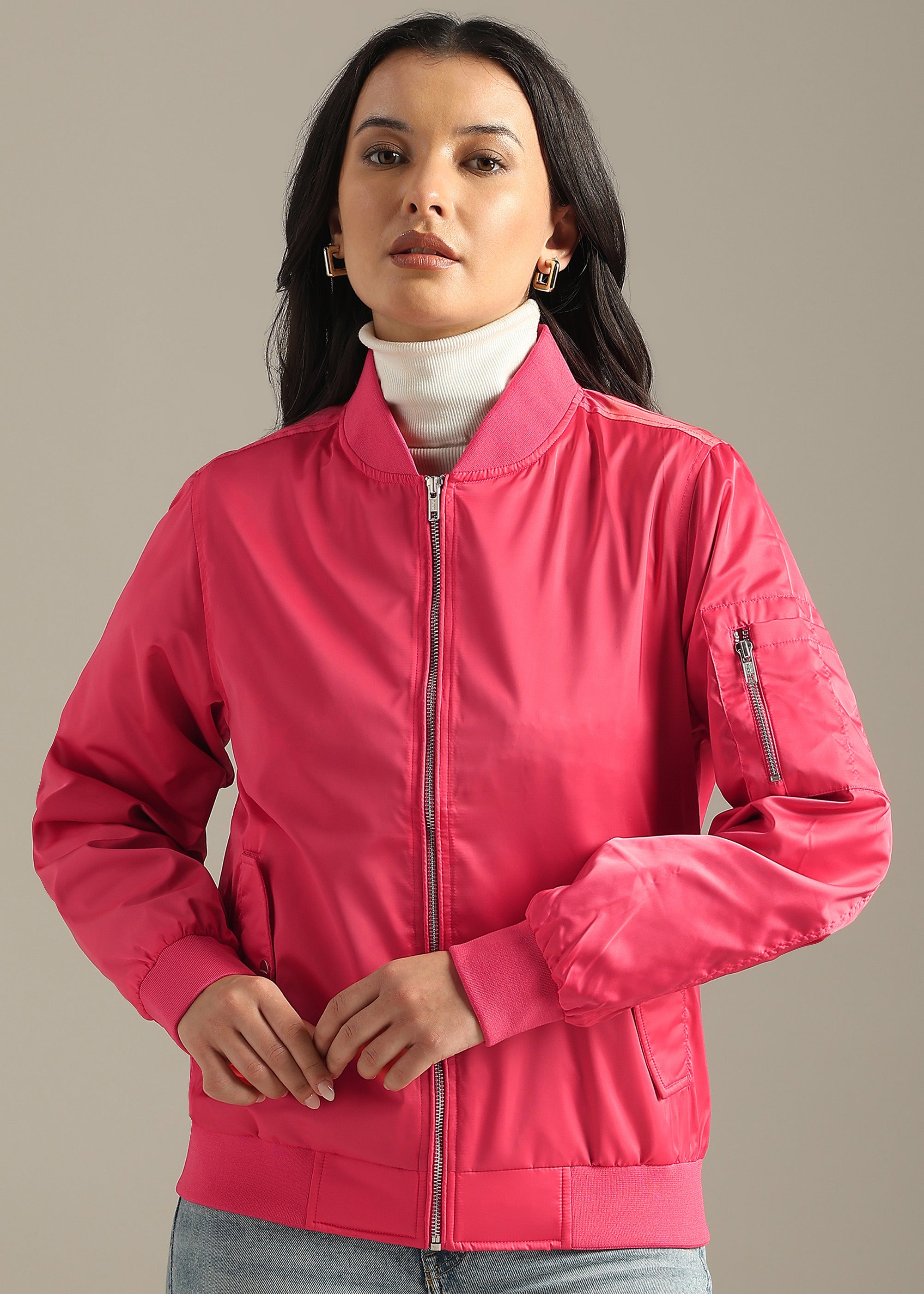 PINK SATIN BOMBER FULL SLEEVE JACKET