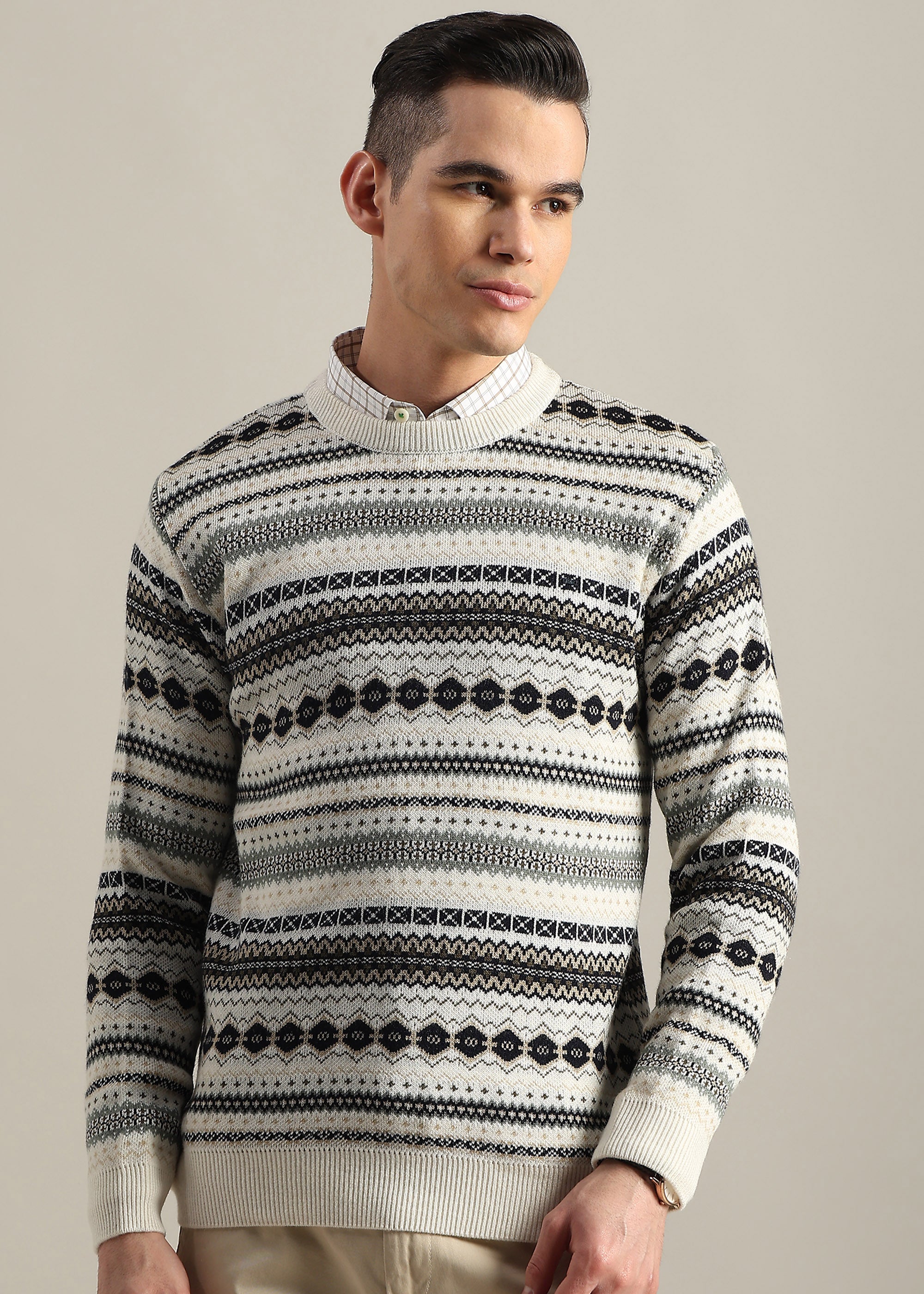 WHITE STRUCTURED CREW NECK SWEATER