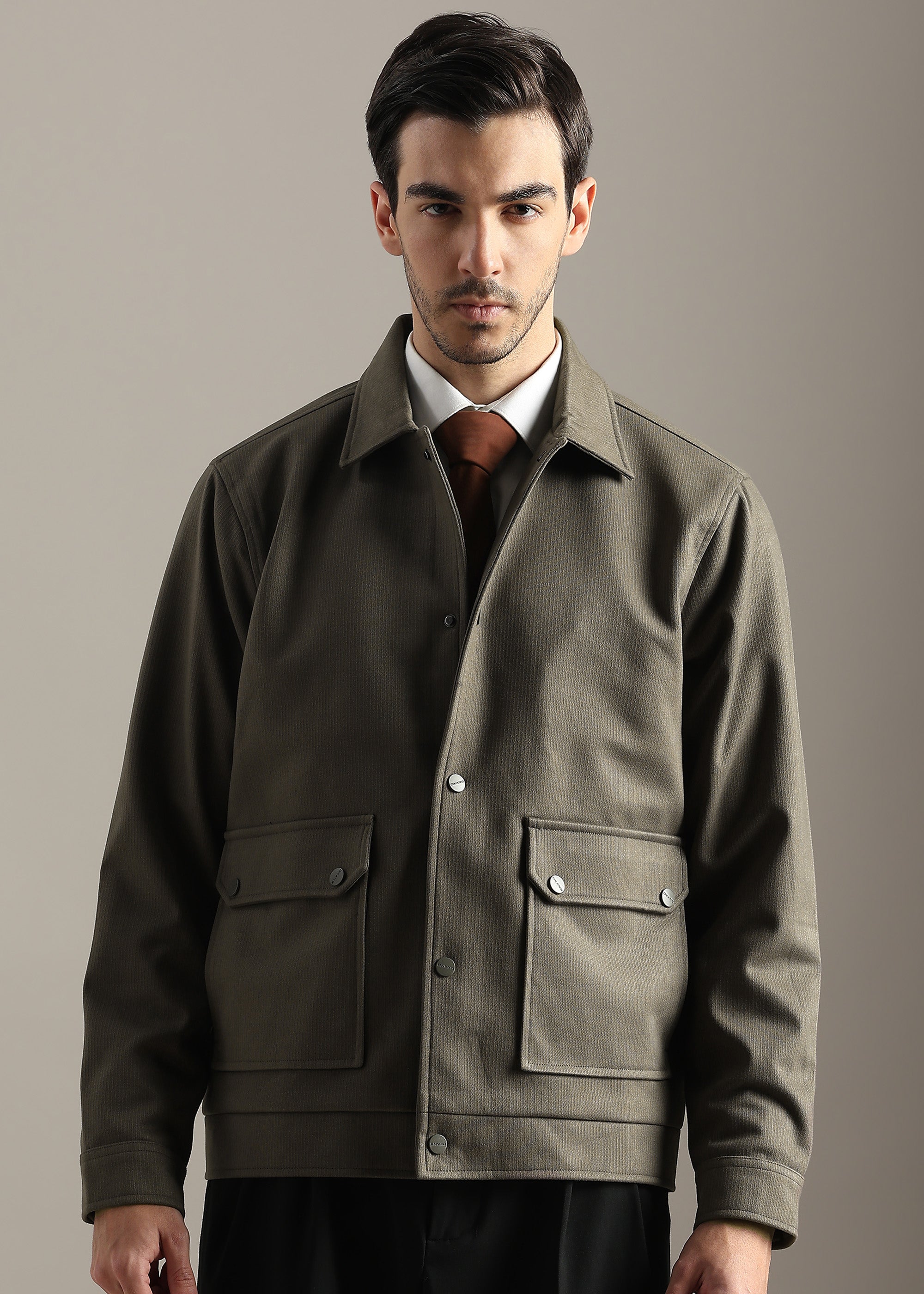 OLIVE STRUCTURED BLOUSON FULL SLEEVE JACKET
