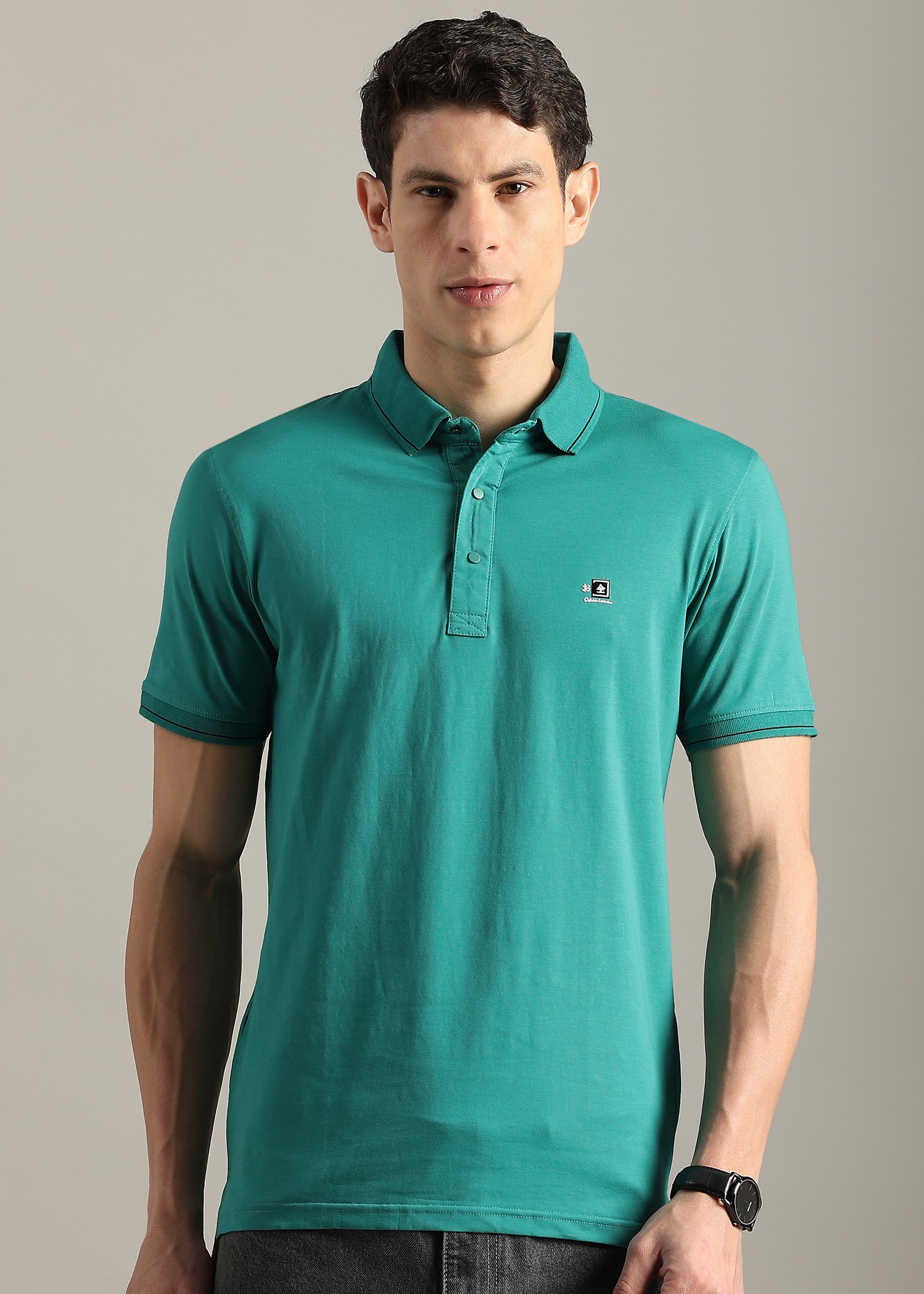 NEW GREEN SOLID COTTON ELASTANE POLO TEE