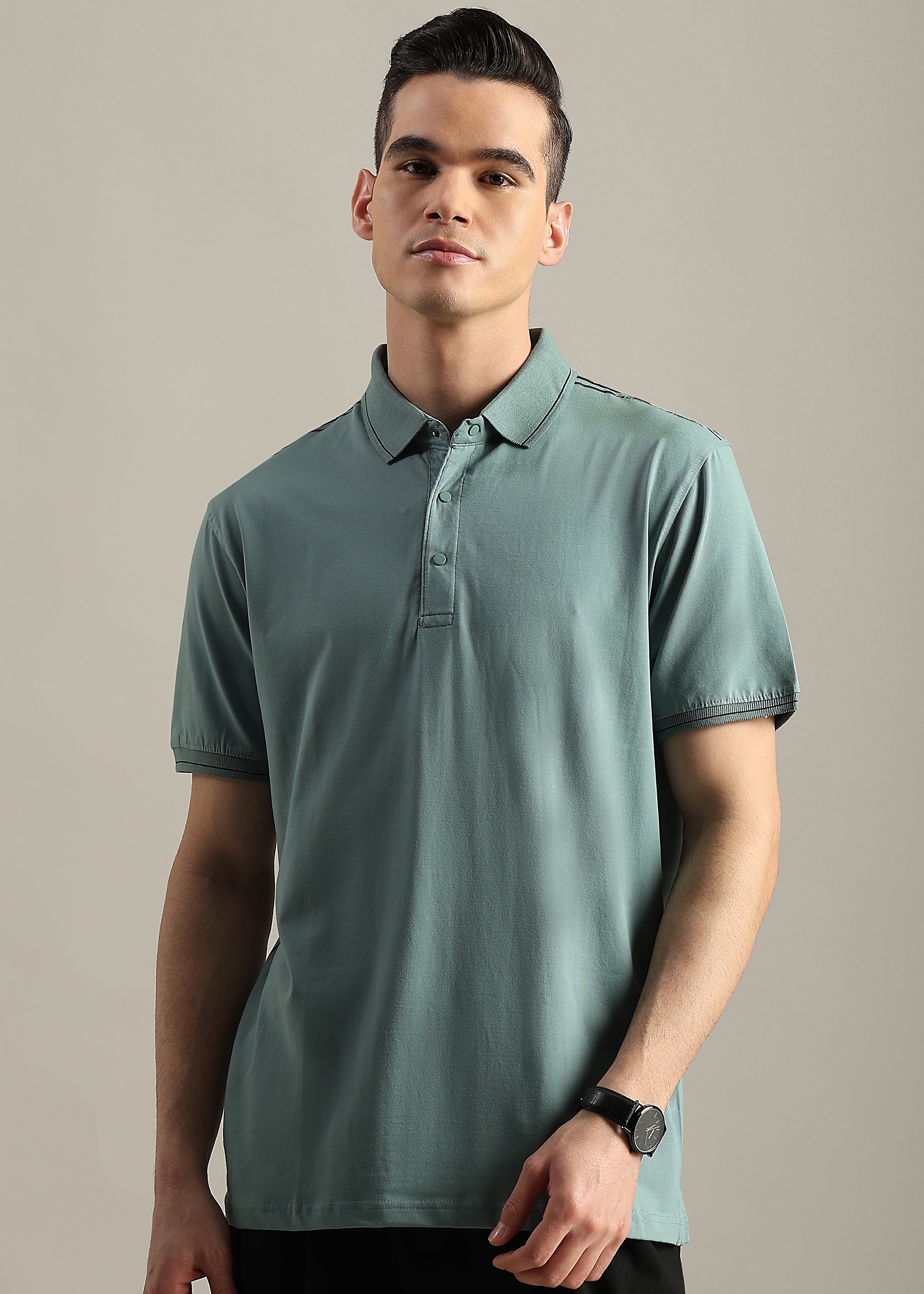 GREEN SOLID COTTON ELASTANE POLO TEE