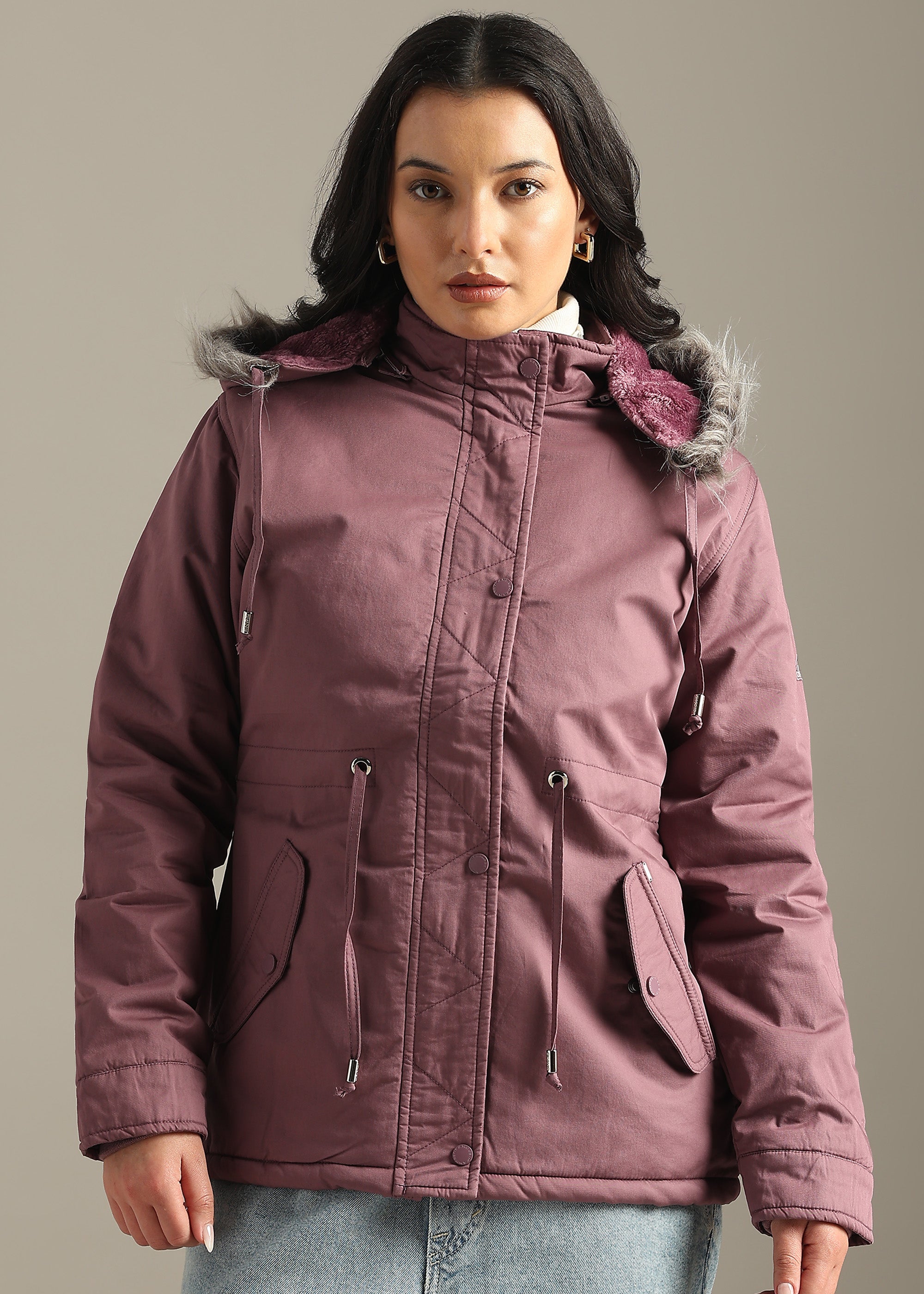 PINK SOLID COTTON UTILITY FUR BACK FULL SLEEVE JACKET