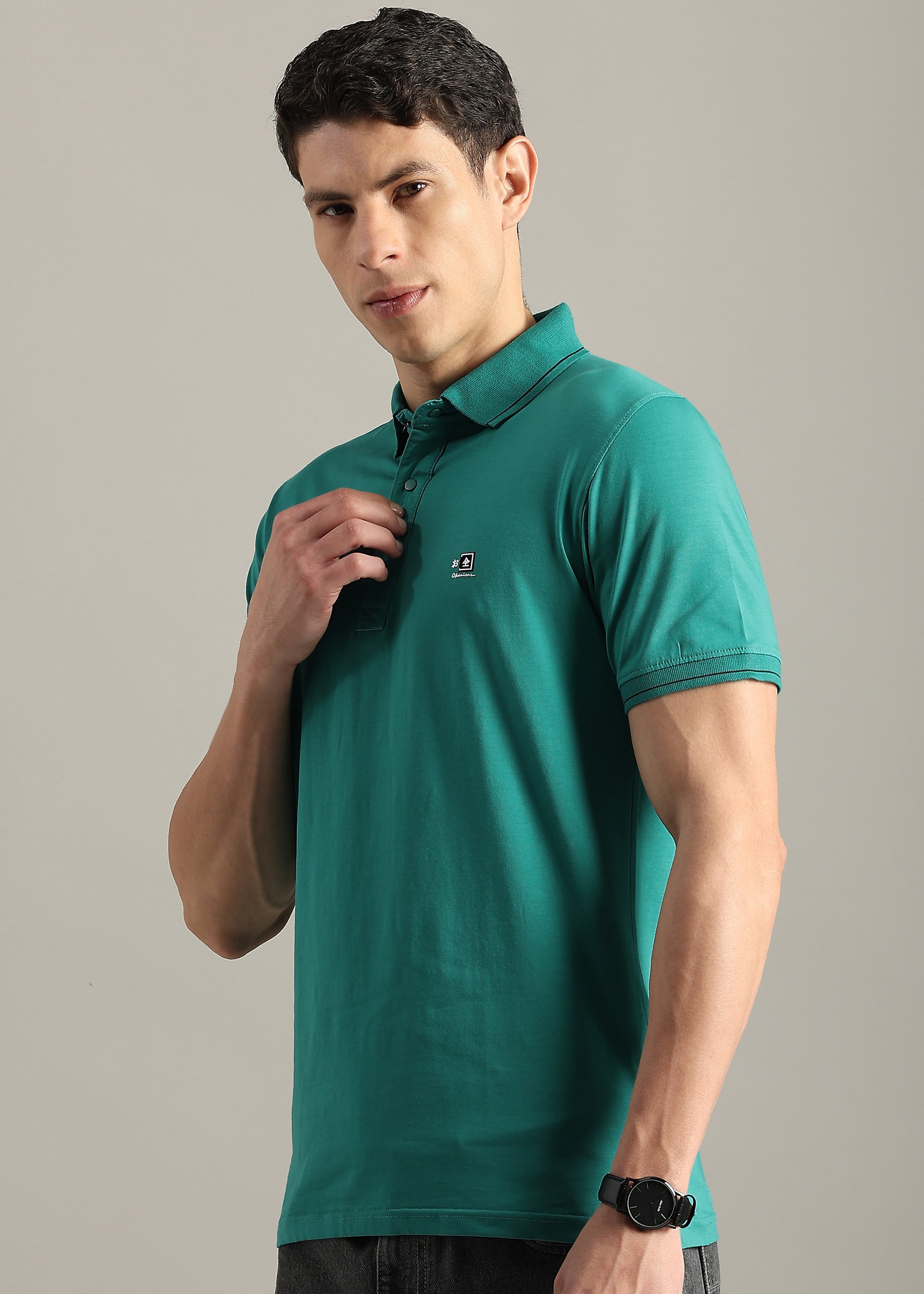 NEW GREEN SOLID COTTON ELASTANE POLO TEE