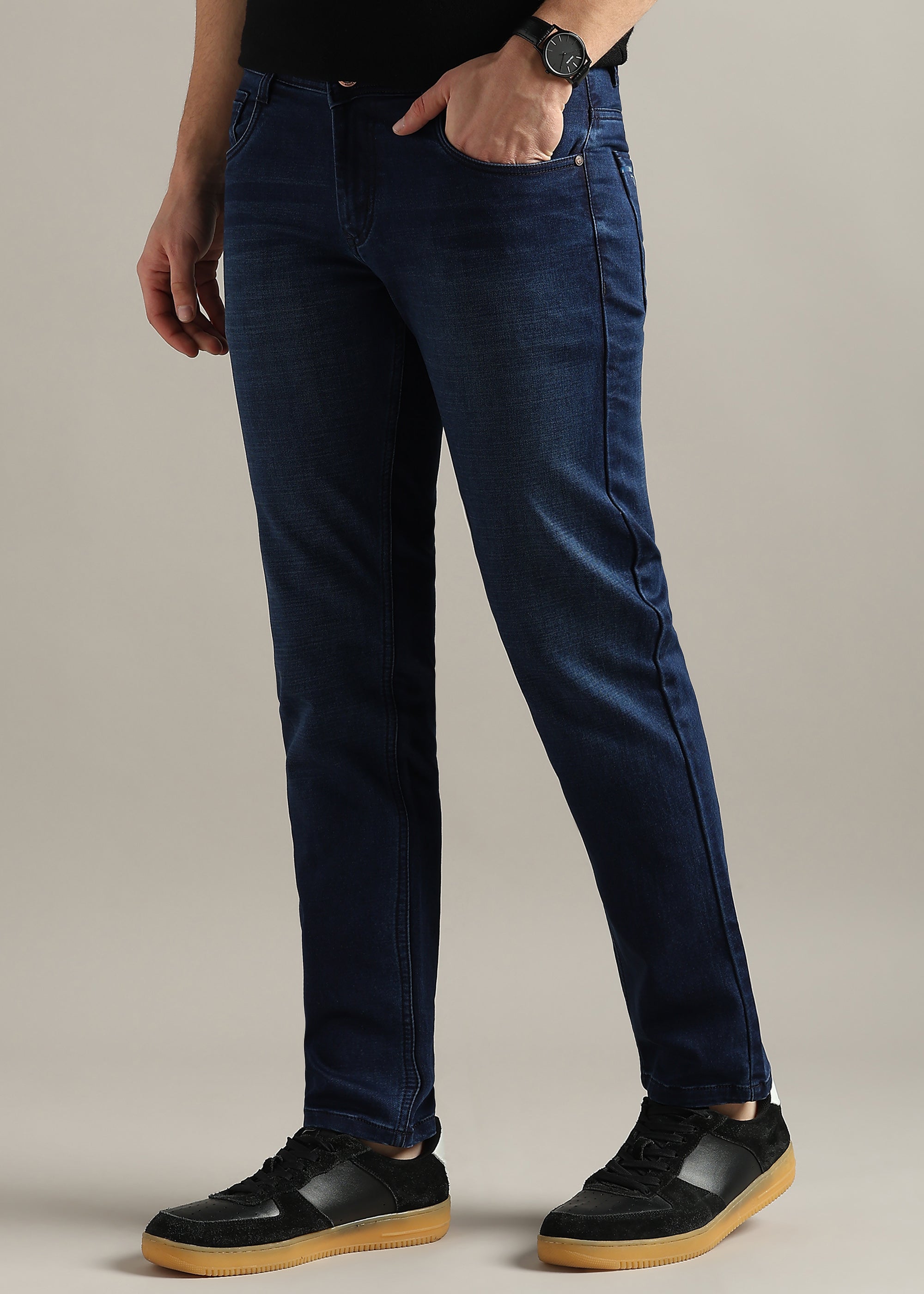 Navy Straight Fit Mid Rise Light Fade Jeans