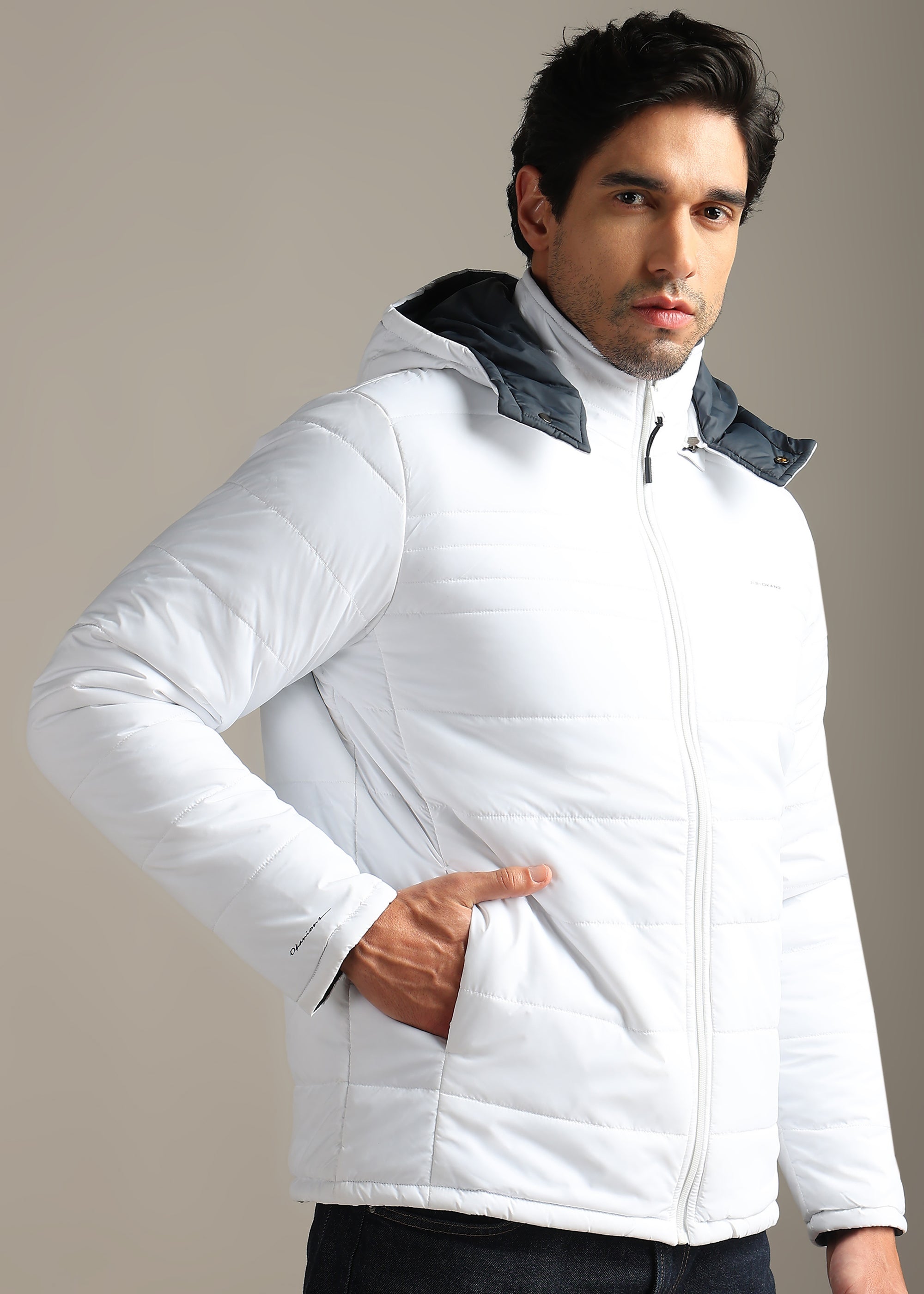 WHITE SOLID NYON FULL SLEEVE REVERSIBLE PUFFER JACKET