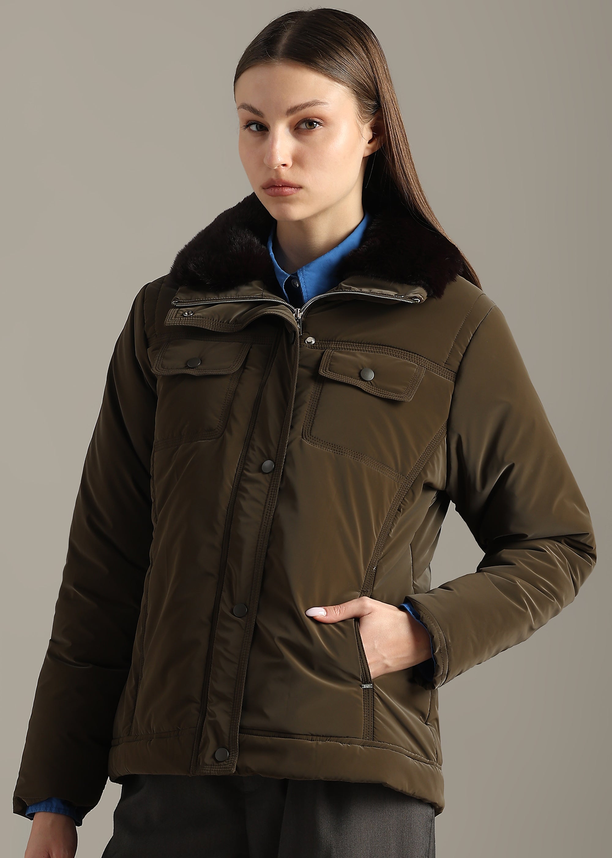 COFFEE SOFT SKIN FUR COLLAR FULL SLEEVE JACKET