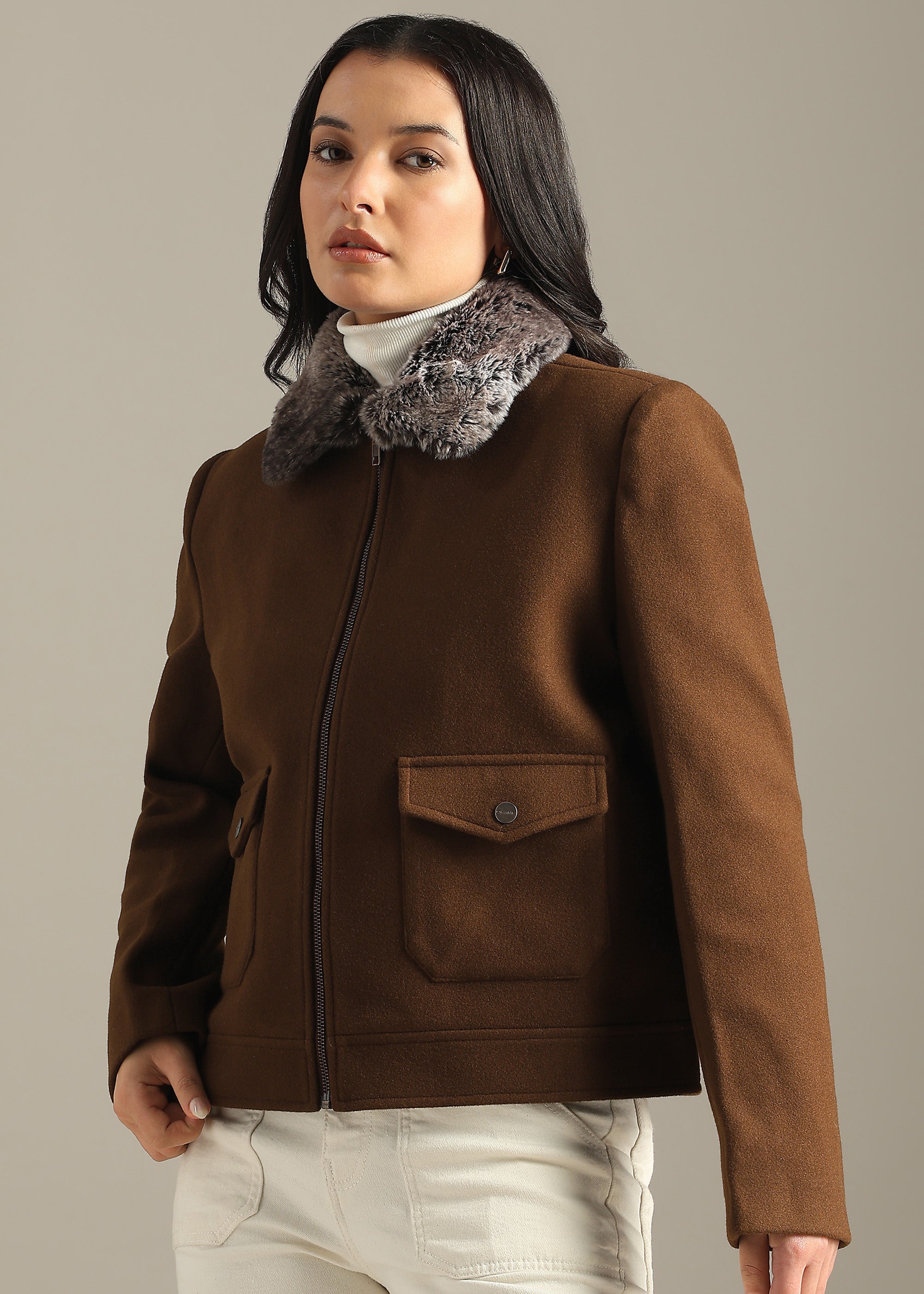COFFEE DETACHABLE FUR BLOUSON COAT