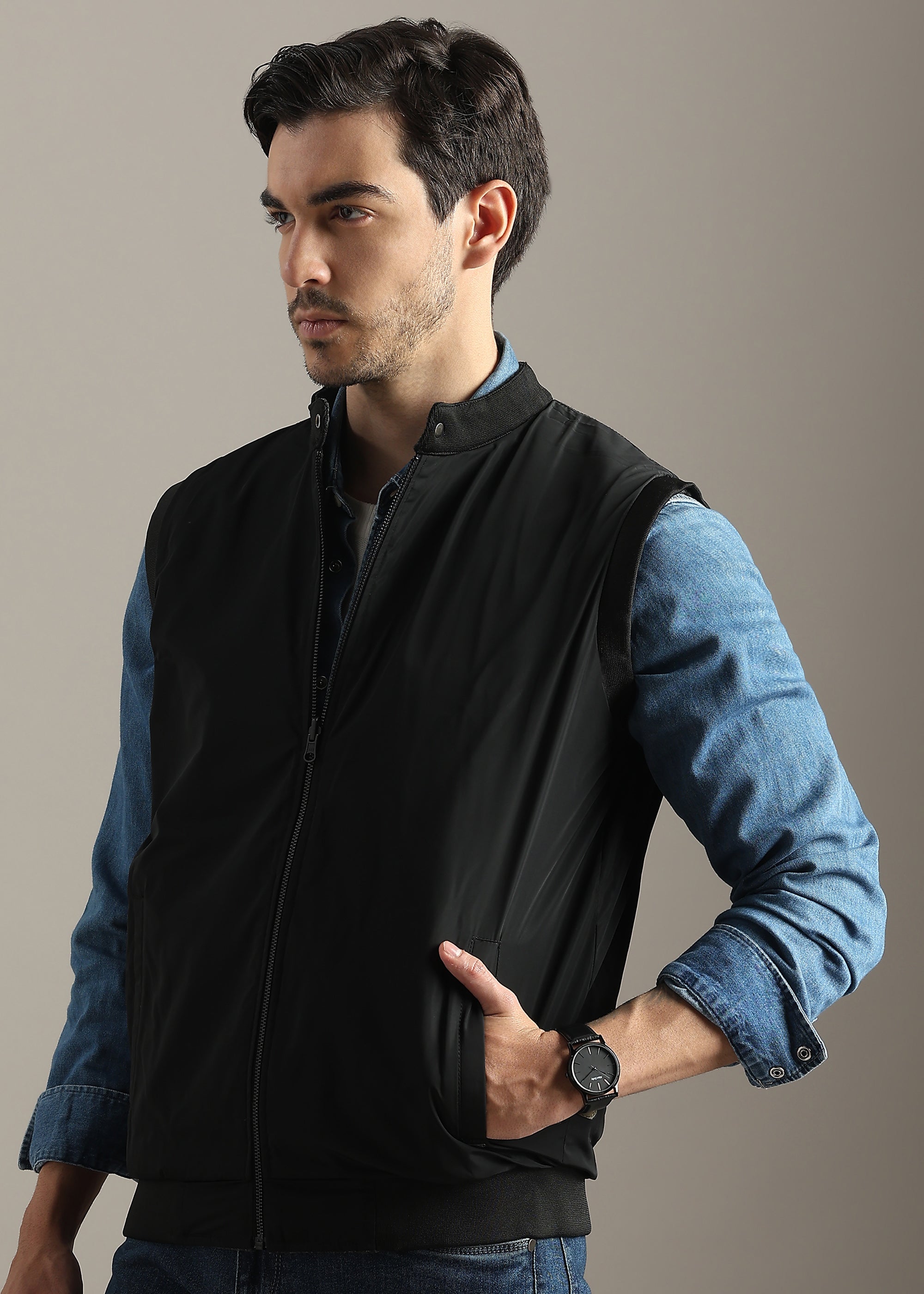 BLACK CHECKED TWEED ELASTANE REVERSIBLE GILET