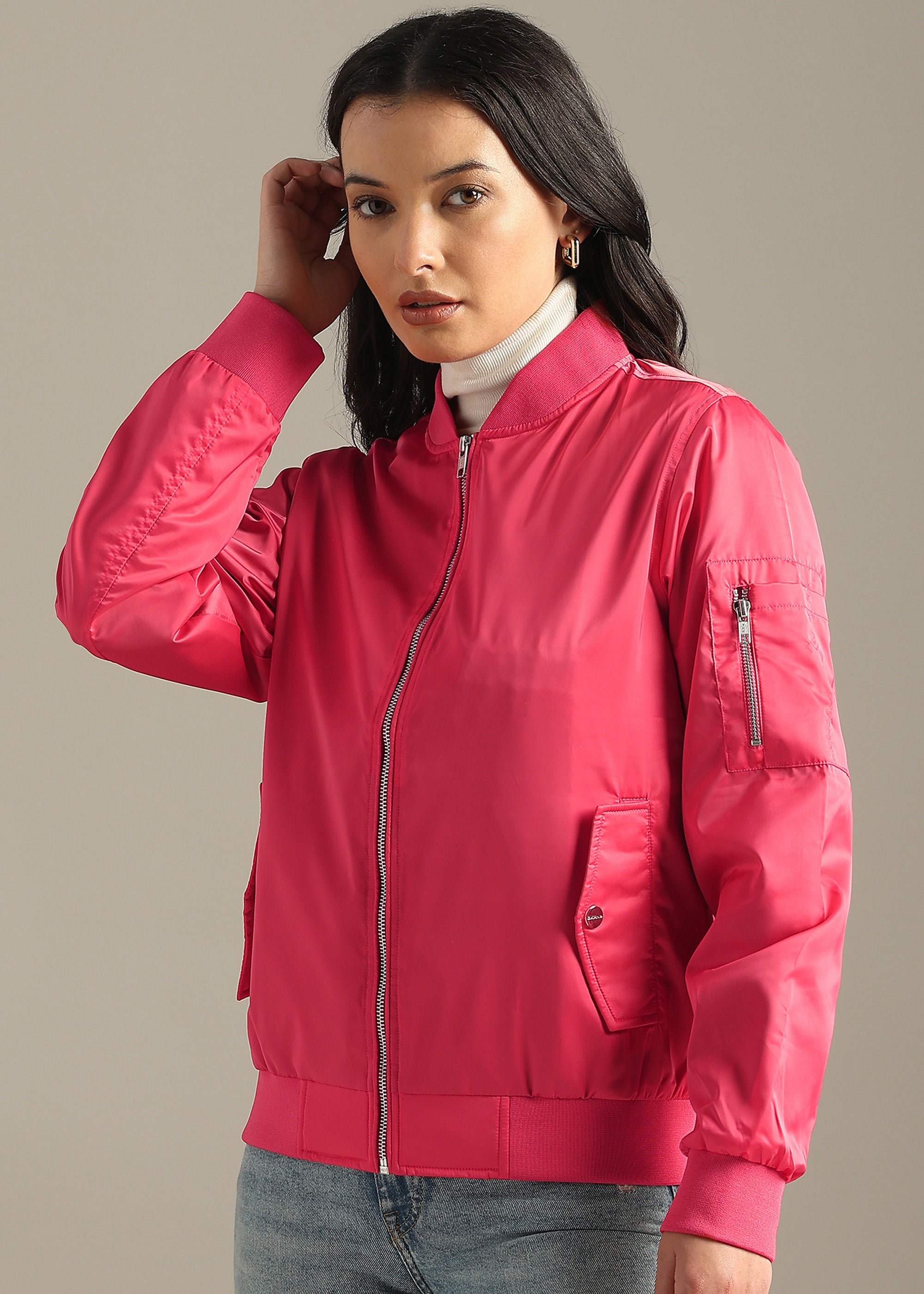 PINK SATIN BOMBER FULL SLEEVE JACKET